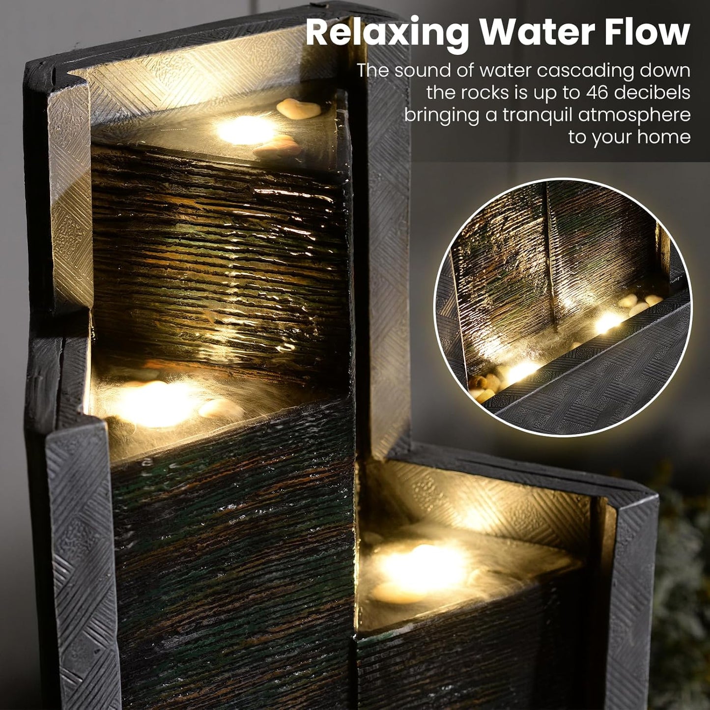 49.6" H Modern Water Outdoor Fountain,Garden Cascading Indoor Resin Water Fountains Tall Floor - Standing Fountain with LED Light for Patio, Yard, Deck and Home Decor