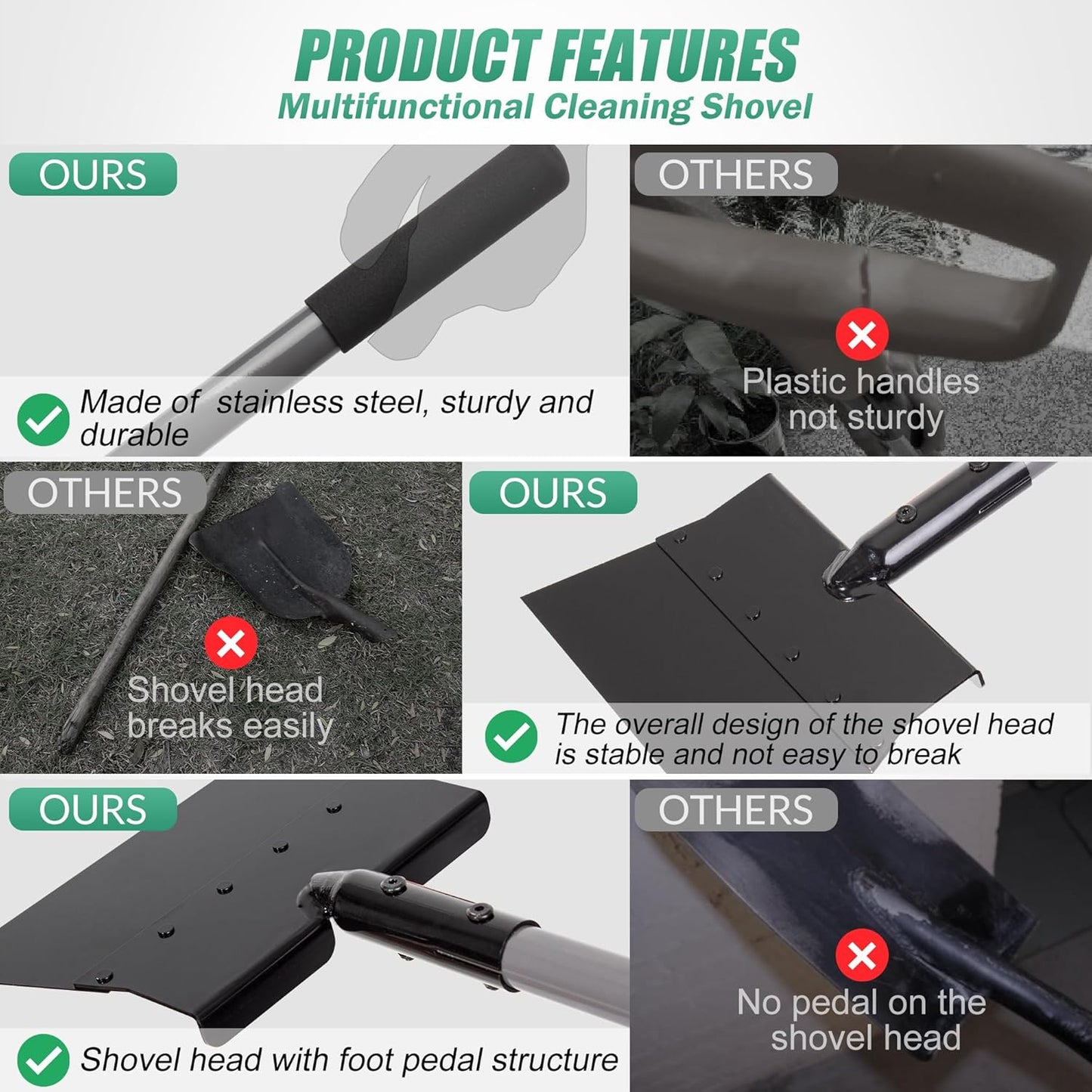 Suchtale Manual Edger Lawn Tool, Multifunctional Garden Cleaning Shovel - Heavy Duty Steel Flat with 54" Adjustable Handle, Gardening Scraper, Outdoor Spade Tool for Weeding, Digging, Ice Removal