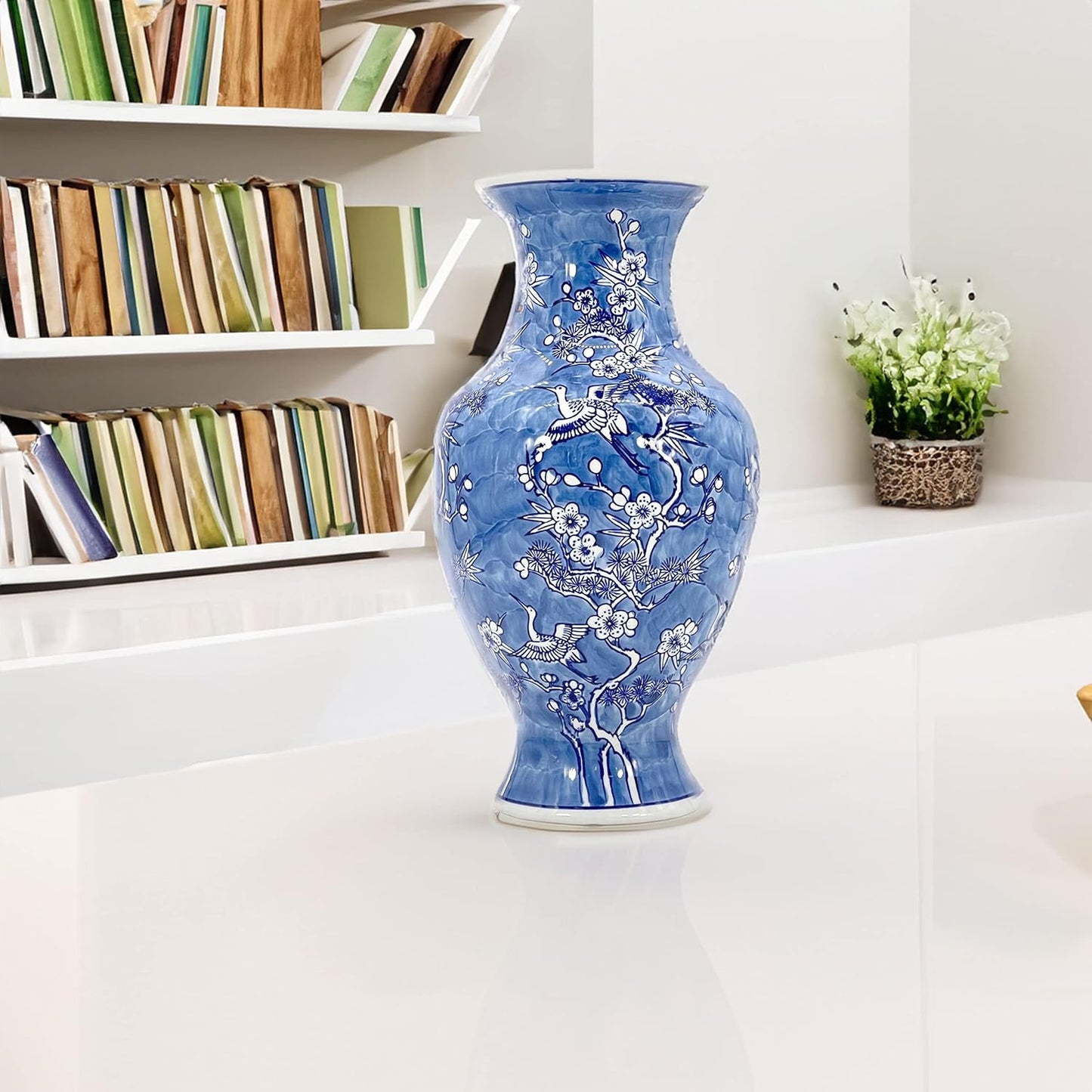 Galt International White & Blue Floral Crane Chinoiserie Ceramic Vase 14" - Hand Painted Antique Style Porcelain Bird & Flower Bottle Fishtail Porcelain Chinese Vase for Home Decor Centerpiece