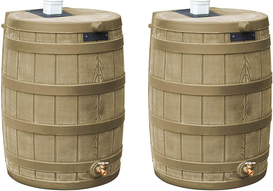Good Ideas Rain Wizard 50 Gallon Plastic Rain Barrel Water Collector with Brass Spigot, Khaki (2 Pack)