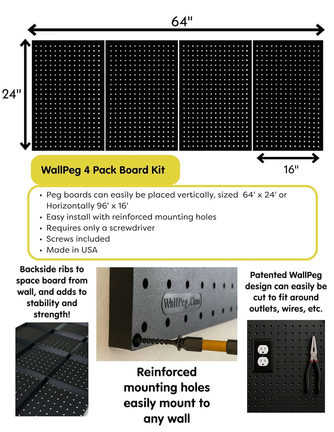 WallPeg Pegboard Kit - 4 Each 24"x16" Peg Board Panels - Made in USA - Mounted Size is 48" x 24" Pegboards Wall Organizer for Walls Home, Garage Tool Storage, Office Organization, Kitchen, Craft Room