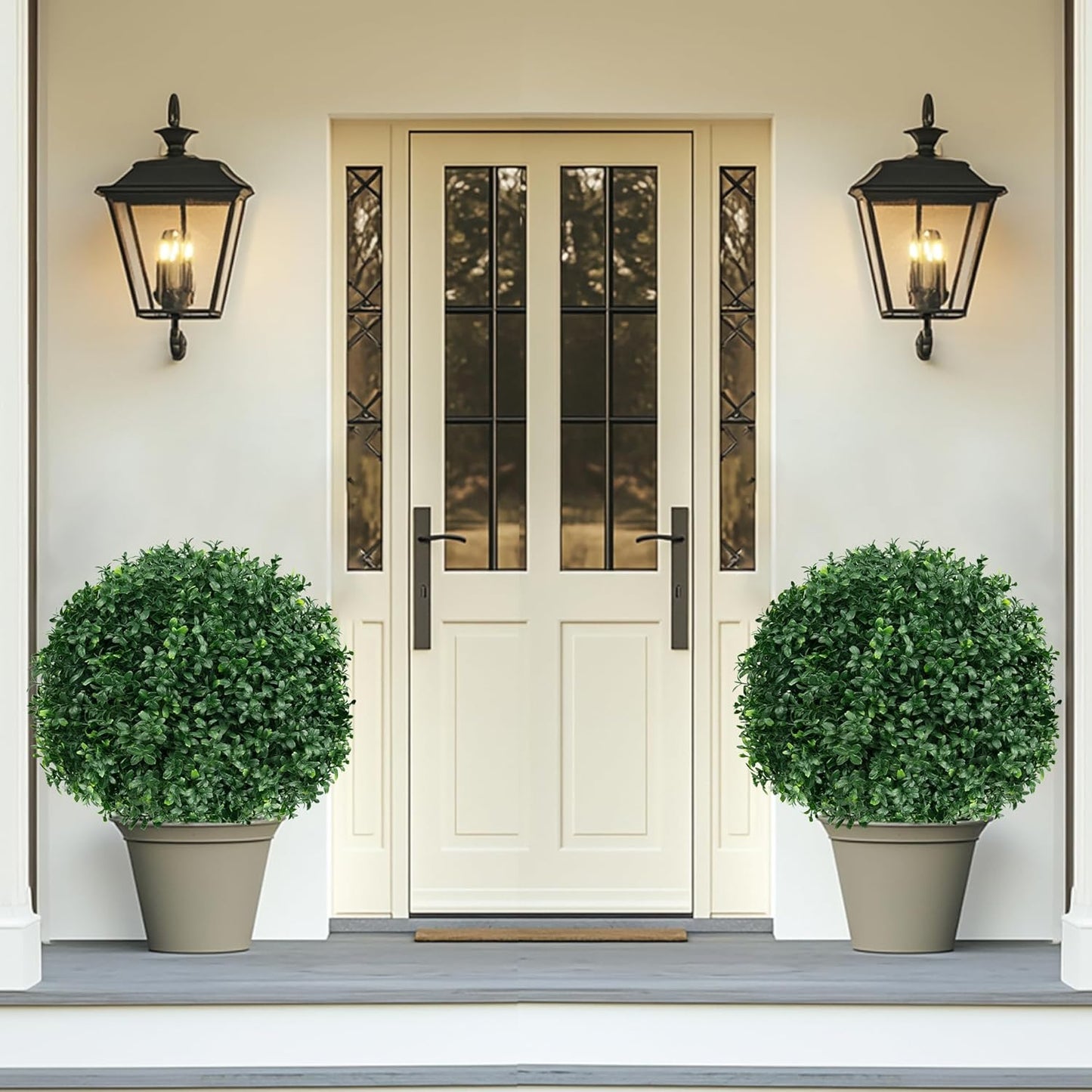 Artificial Boxwood Topiary Ball Tree with Ground Spike, Set of 2 Artificial Shrub Bushes, Fake Evergreen Tree for Porch, Artificial Plants for Outdoor Planters Indoor UV Resistant