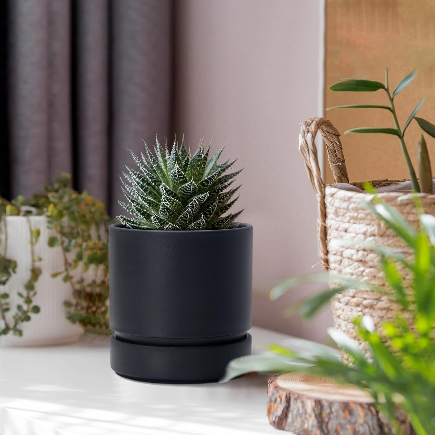 Phoenix Vine 4 Inch Planter Pot with Drainage Hole & Saucer, Deep Water Catch Tray, Straight Cylindrical Round Pot for Plants, Matte Black, Pack of 3, 23-C-R-3