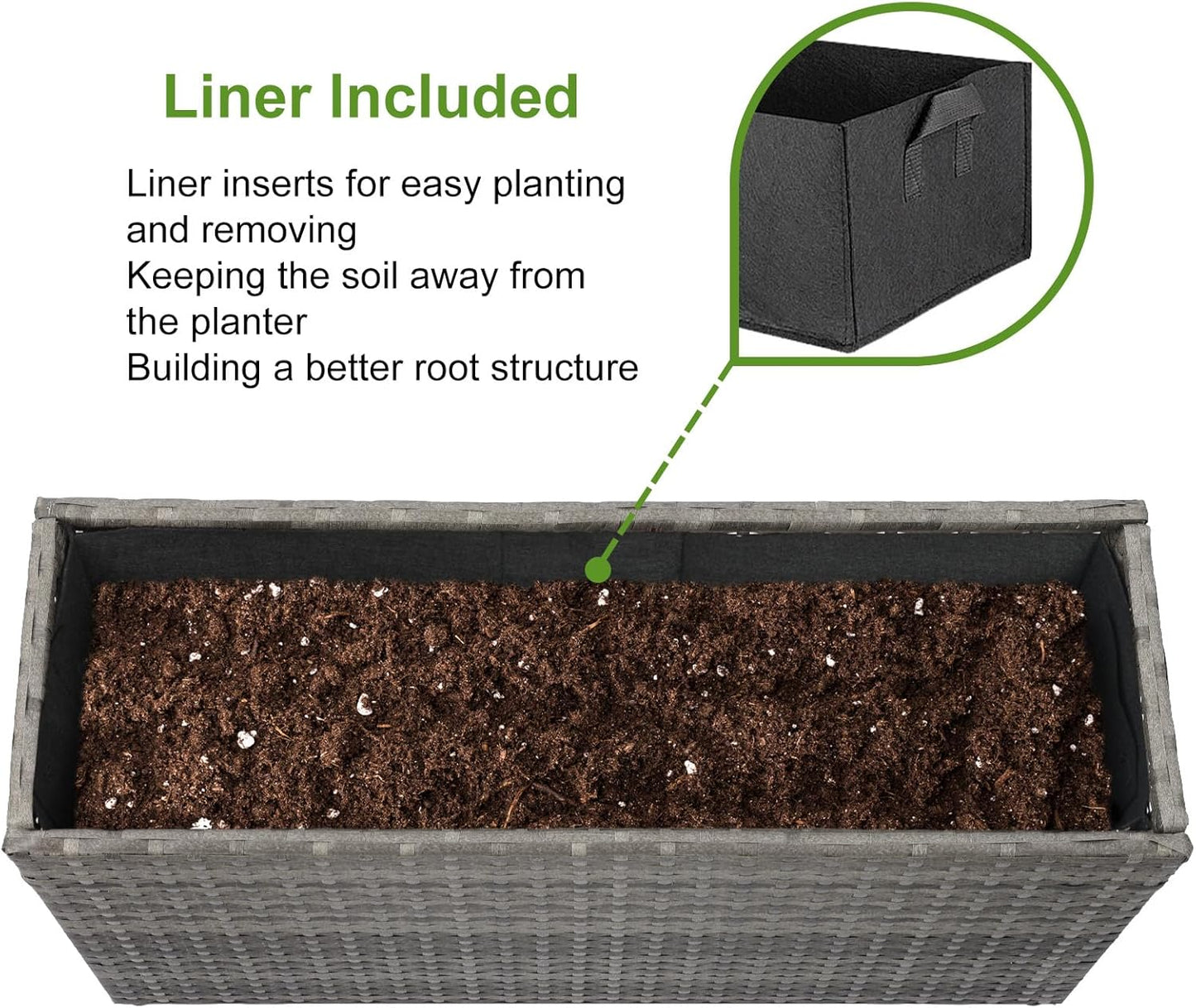 LEWIS&WAYNE Large Rectangular Block Planter Box Handmade Wicker Tall Planters for Outdoor Plants with Removable Liners Modern Planter for Indoor Outdoor Patio Deck - Gray, 30''x12''x16''