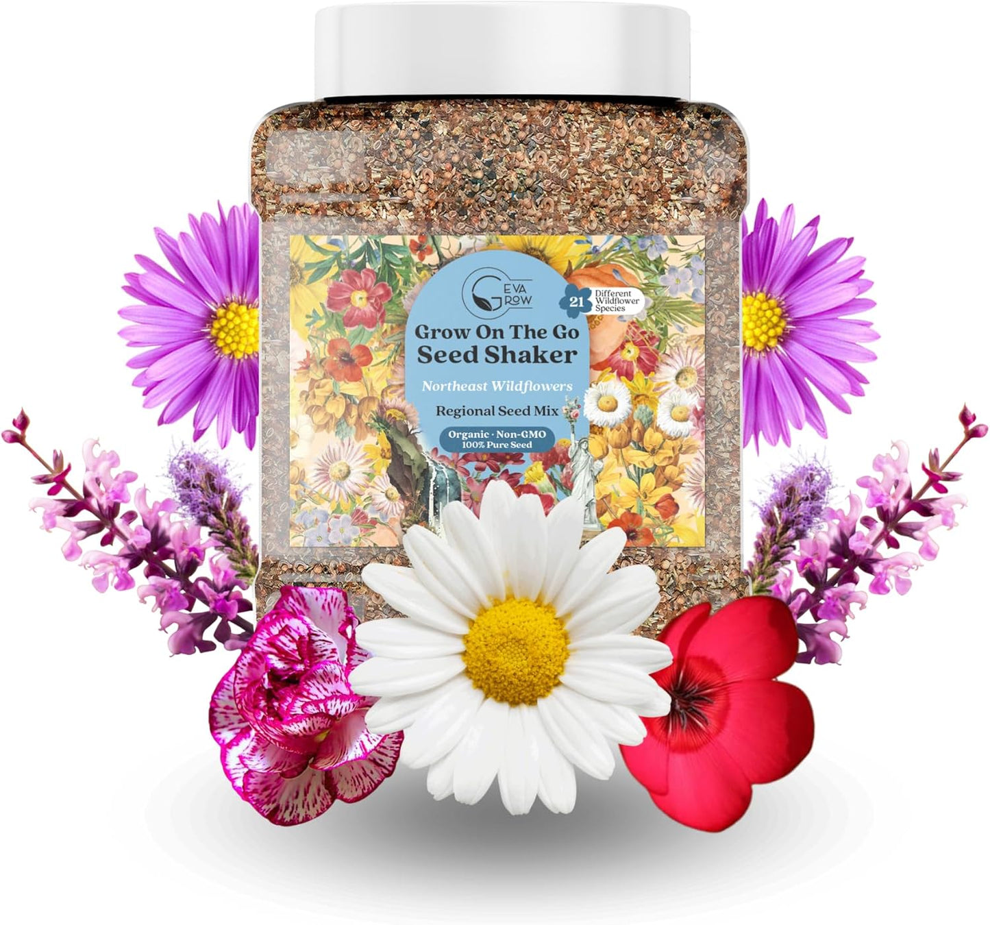 Regional Wildflower - Northeast USA Wildflowers - 100% Pure Seed - Organic, Non-GMO - 21 Wildflower Variety Seeds of Annual & Perennial, 1 LB Tub