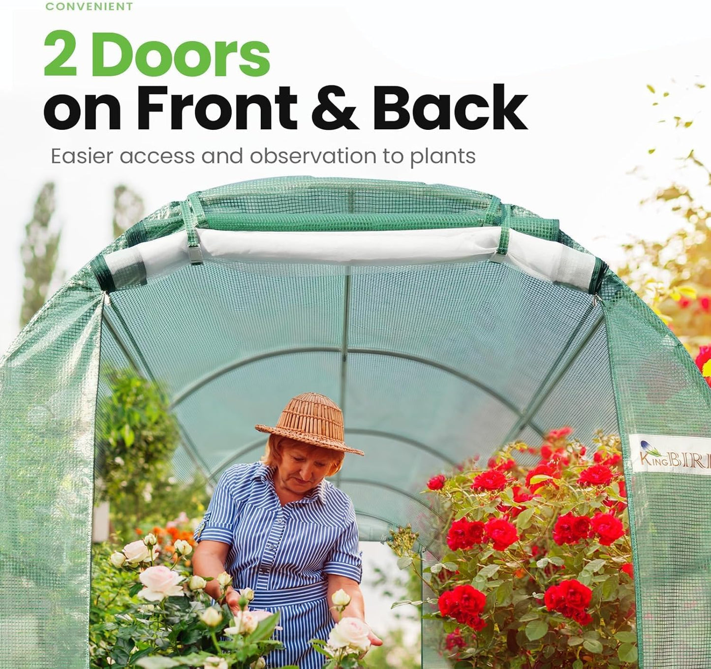 KING BIRD Premium 15x6.6x6.6FT Greenhouse for Outdoors, Large Walk-in Heavy Duty Galvanized Steel Frame, Mesh Door Screen Window Upgraded Zipper Tunnel Hoop for Garden Plant Winter, Green