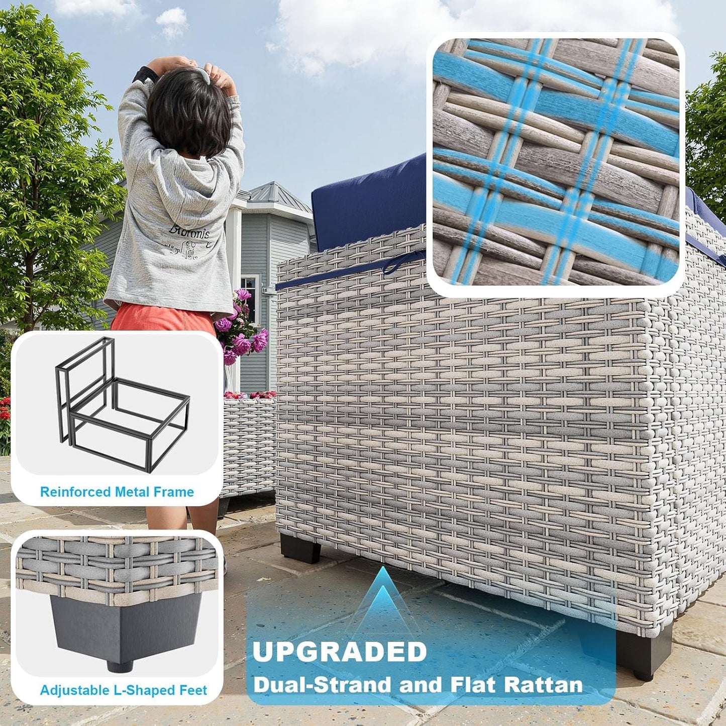 9-Piece Patio Furniture Set, Outdoor Sectional with Ottomans, Modular Patio Sofa, Dual-Strand Wicker Rattan, Rust-Resistant Frame, Backyard Furniture for Garden, Deck, Navy Blue