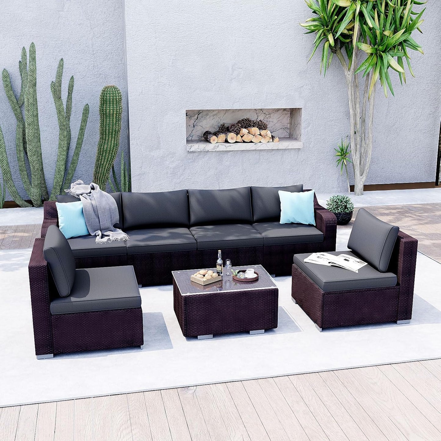 7-Piece Patio Furniture Set - Outdoor Sectional Sofa Set with Cushions and Glass-Top Coffee Table for Gardens, Poolside, Backyards and Porches, Wine/Grey