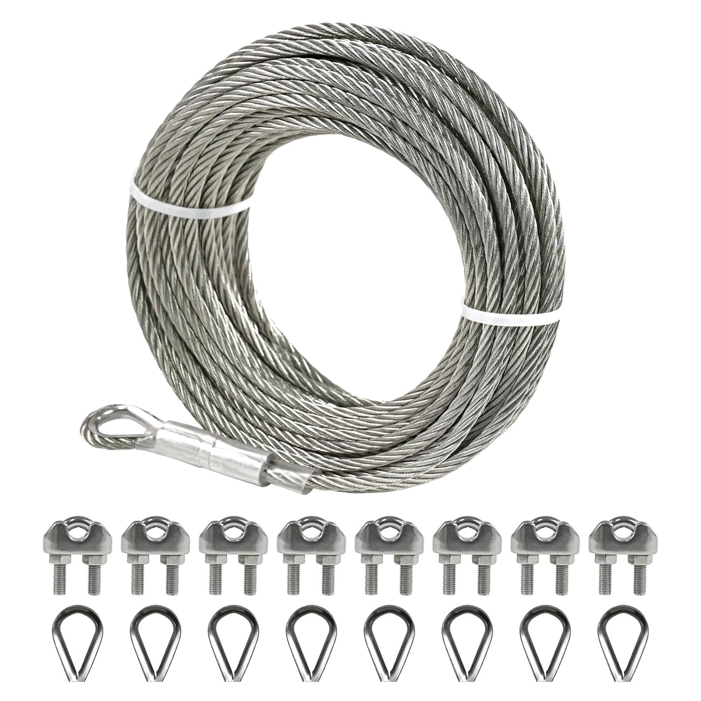 1/4" Stainless Steel Cable 75FT Wire Rope with Clamps and Thimble, 7X19 Strands Aircraft Cable for Zipline, Outdoor, Deck Railing, Heavy Duty Applications, Hanging, 6400lbs Breaking Strength