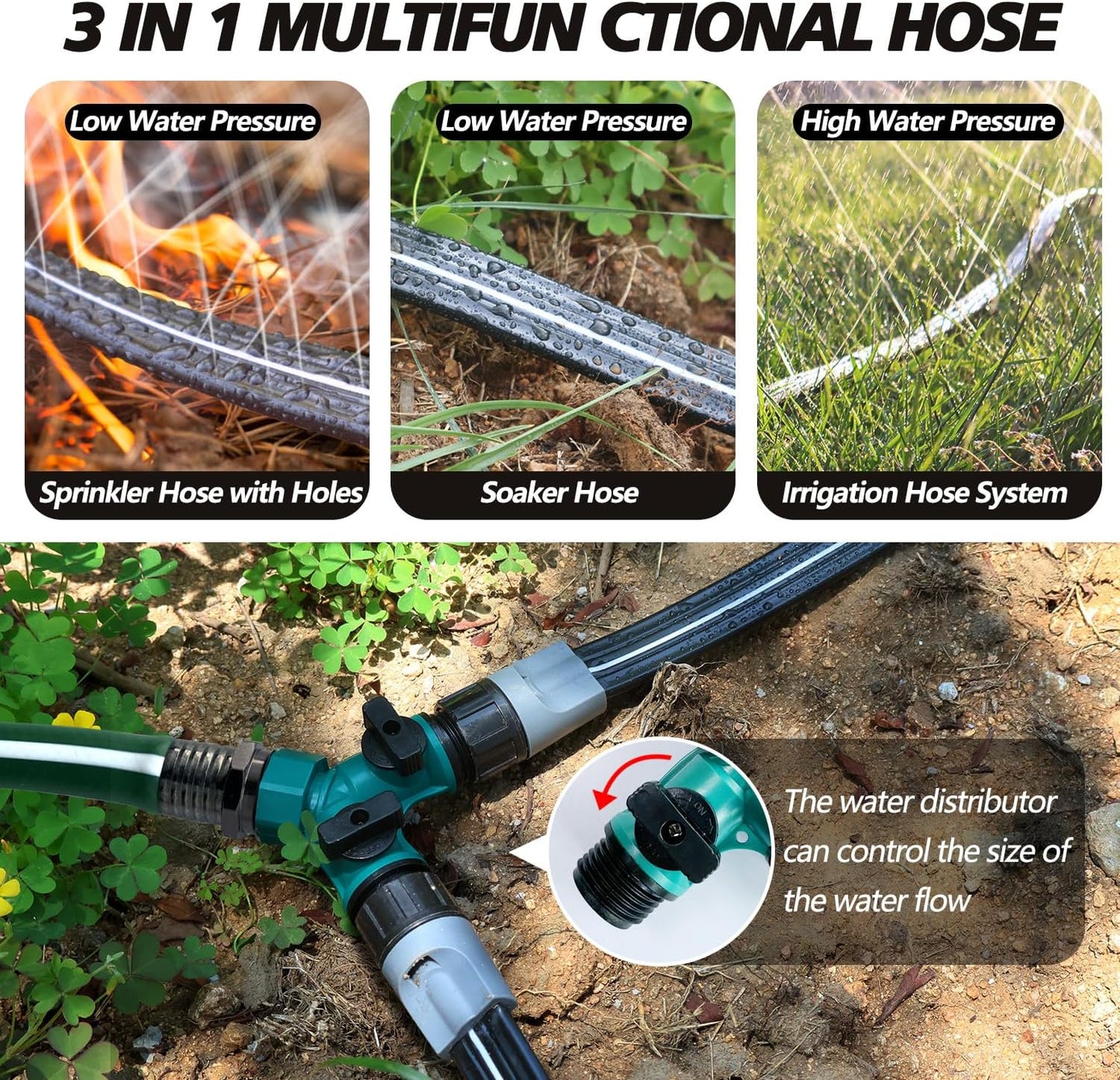 Sprinkler Hose with Holes, Flat Soaker Hose 100 Ft (25 ft 4pack) with Garden Staples and Splitters, Watering Drip Irrigation Hoses for Lawn, Vegetable and Garden Beds (100 ft)