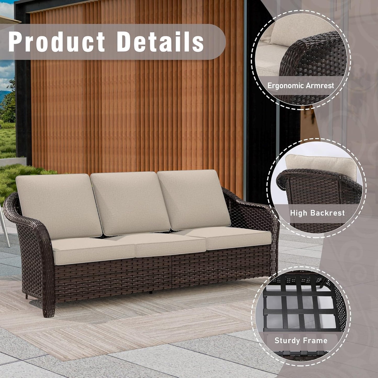 3 Piece Patio Wicker Conversation Set, All-Weather Use Outdoor Wicker Sofa with 2 PE Rattan 360 Swivel Chair, Ideal for Porch, Backyard, Balcony, Poolside, Beige