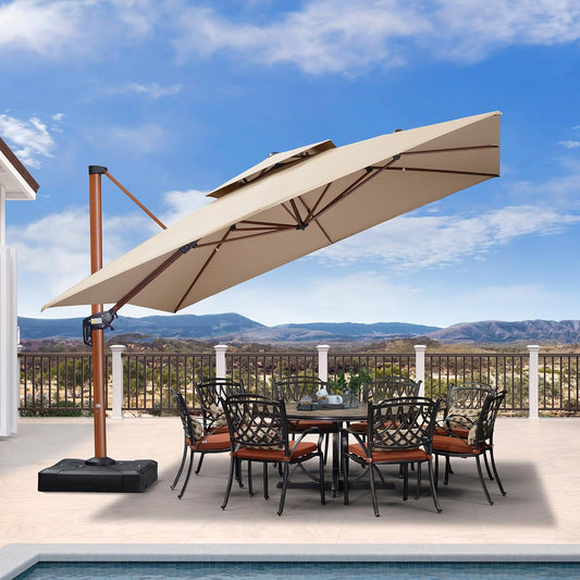 PURPLE LEAF 12' X 12' Patio Large Cantilever Umbrella Outdoor Wood Umbrellas Offset Umbrella Heavy Duty Sun Umbrellas for Garden Deck Pool, Heather Beige