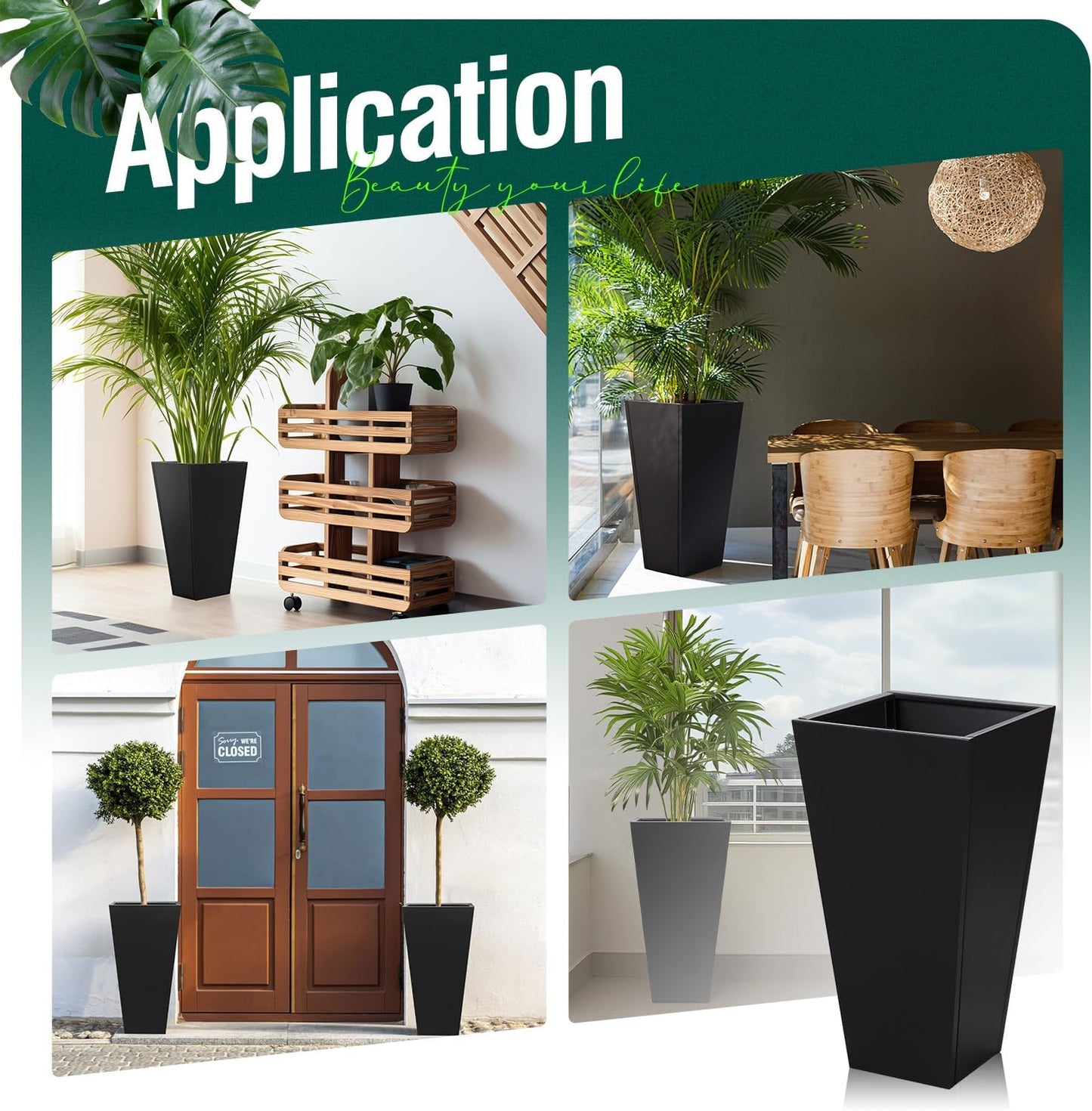 Tall Black Planter Tapered Metal Modern Flower Plant Pot Black Square Galvanized Steel Planter 30In Indoor Outdoor for Front Porch Garden Patio Grande Plant Tree Commercial Residential Heavy Duty