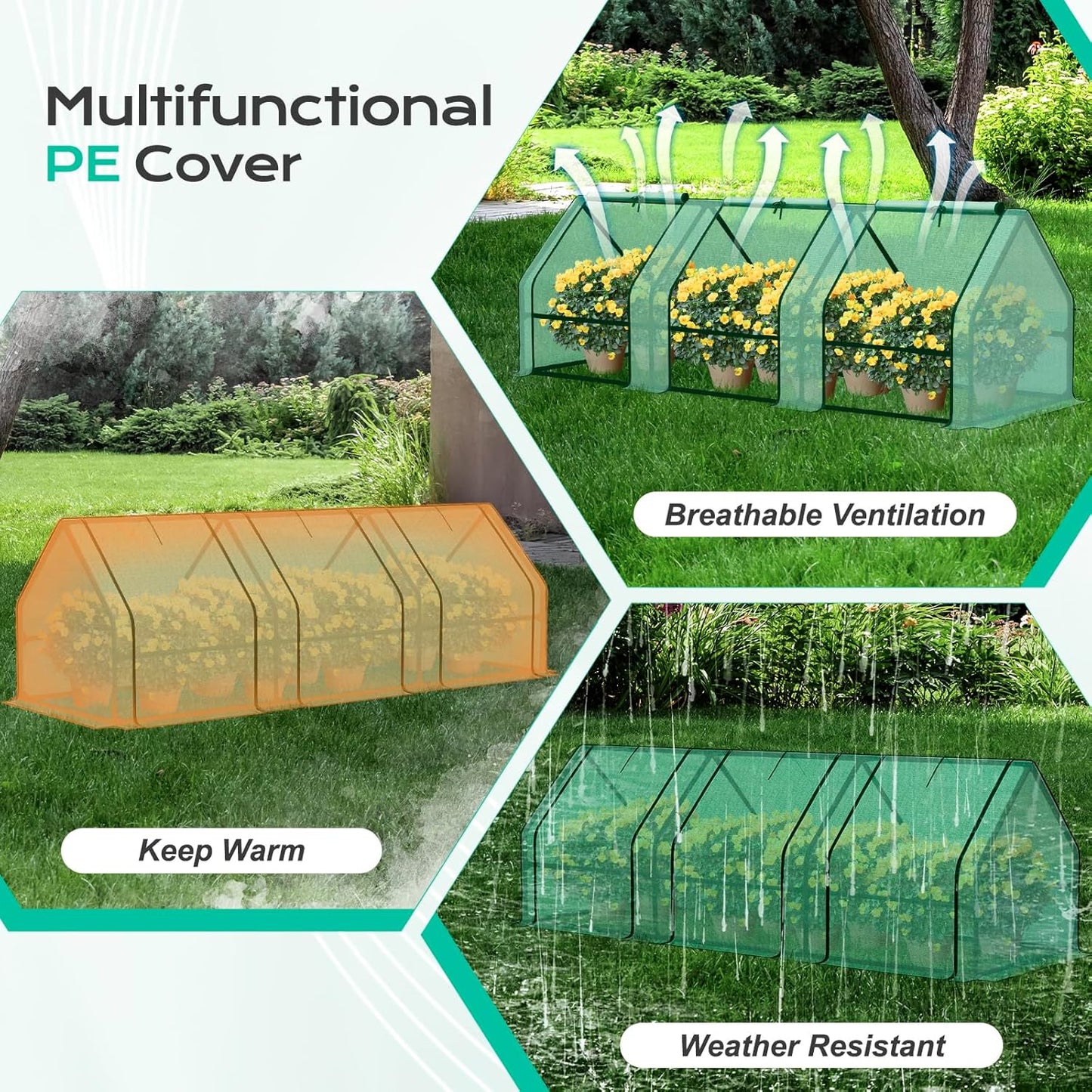 BPS 9x3x3 ft Mini Greenhouse with Green PE Cover UV-Protected Roll-Up Zipper Doors, Ideal for Indoor or Outdoor Use on Raised Garden Beds