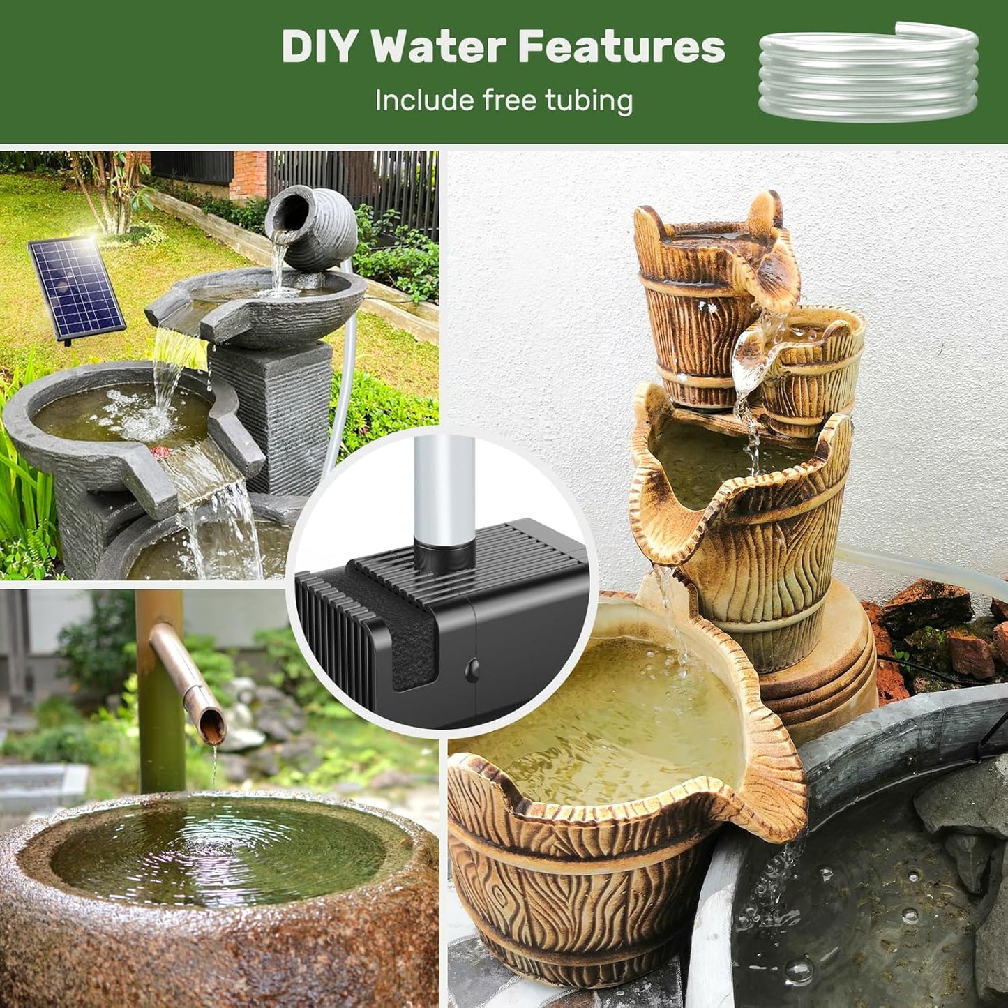 Antfraer Solar Fountain Pump Built-in 3600mAh Battery Backup, 8W Solar Water Pump for Bird Bath with Dry-Run Protection & Double-Layer Nozzles & 5Ft Tubing for Bird Bath Pond Water Features