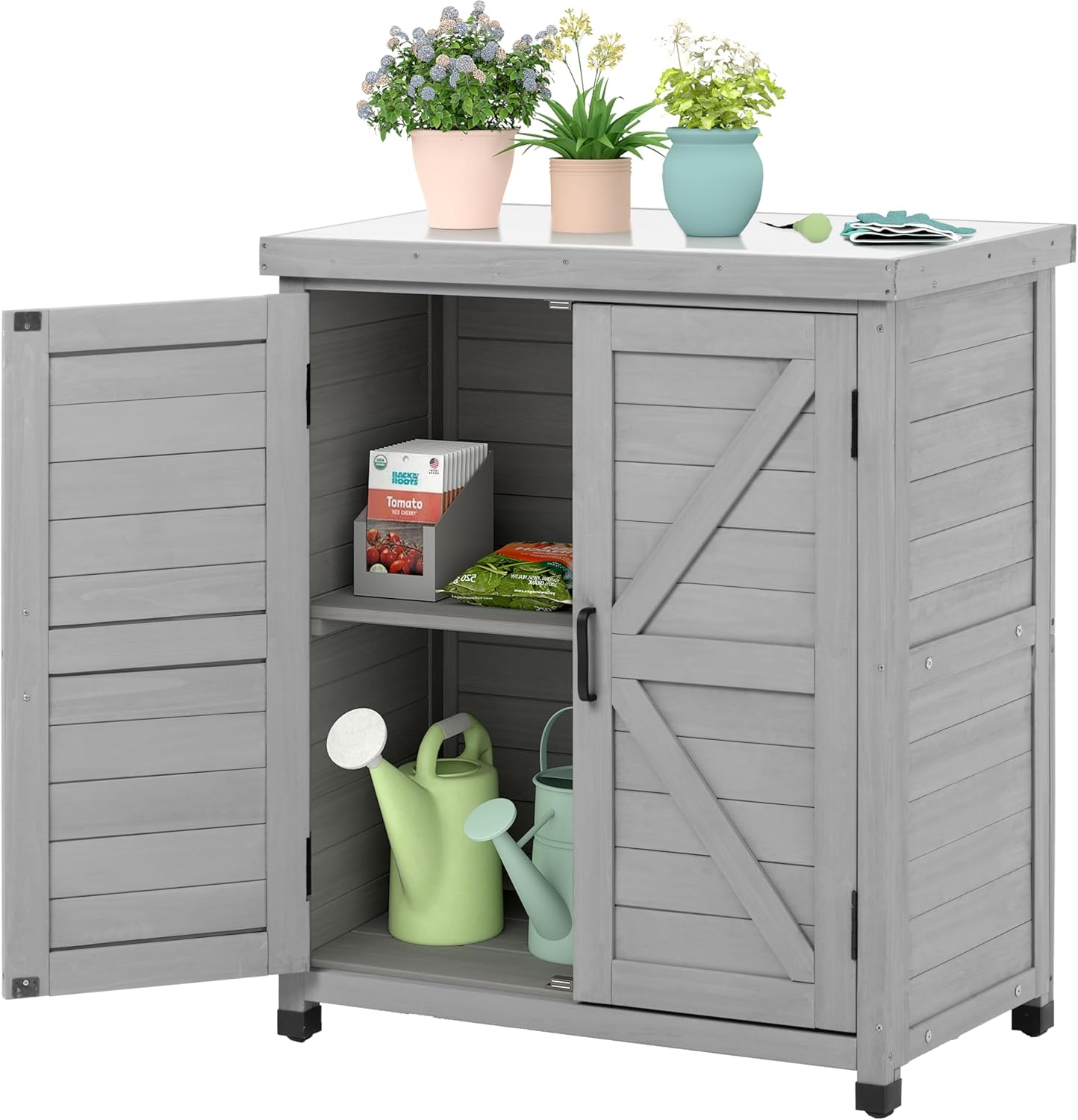 Outdoor Storage Cabinet & Potting Bench Table with Metal Top, Wooden Patio Furniture, Garden Workstation (Classic Grey, 36x31x17in)