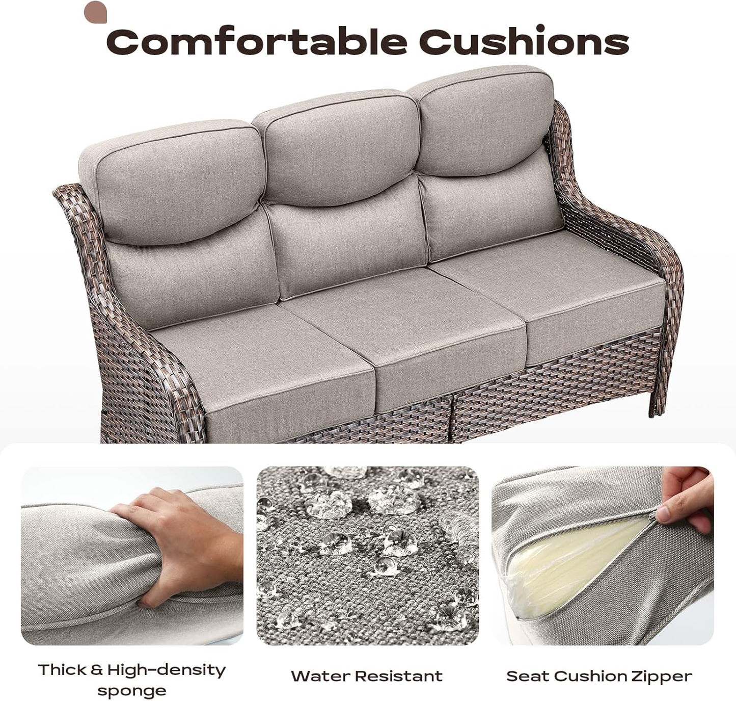 Wicker Outdoor Patio Furniture Set - 6 Piece Patio Conversation Sets with Swivel Rocker Chairs, Ottomans, Sofa and Coffee Table, 6 inch Cushions, Deep Seating, for Porch Deck Brown/Beige