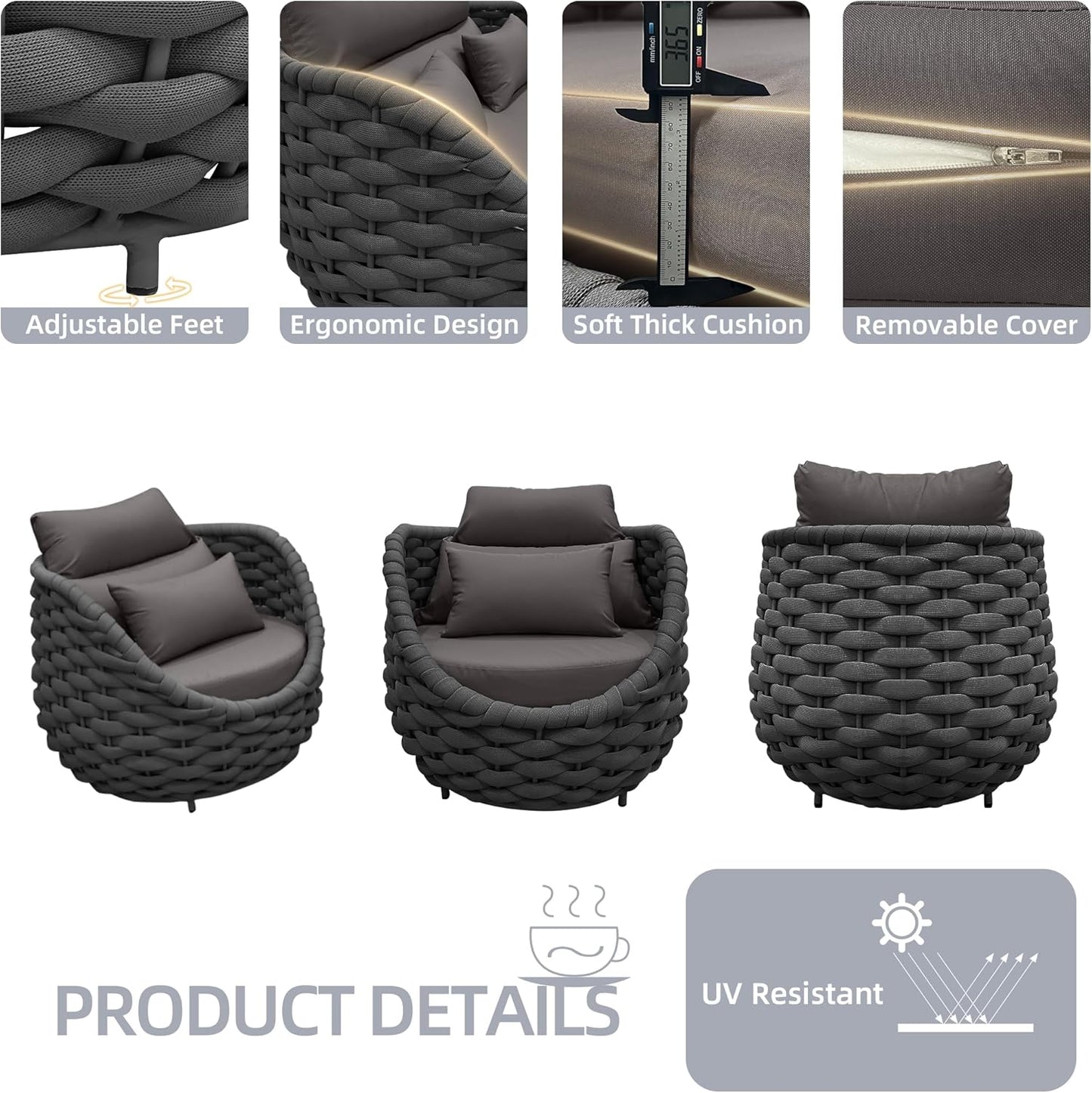 TWT Patio Sofa All-Weather Textilene Rope Balcony Furniture with Cushions & Pillows, Patio Couch Outdoor Patio Furniture Set for Patio, Balcony, Backyard, Deck, Poolside,Dark Grey