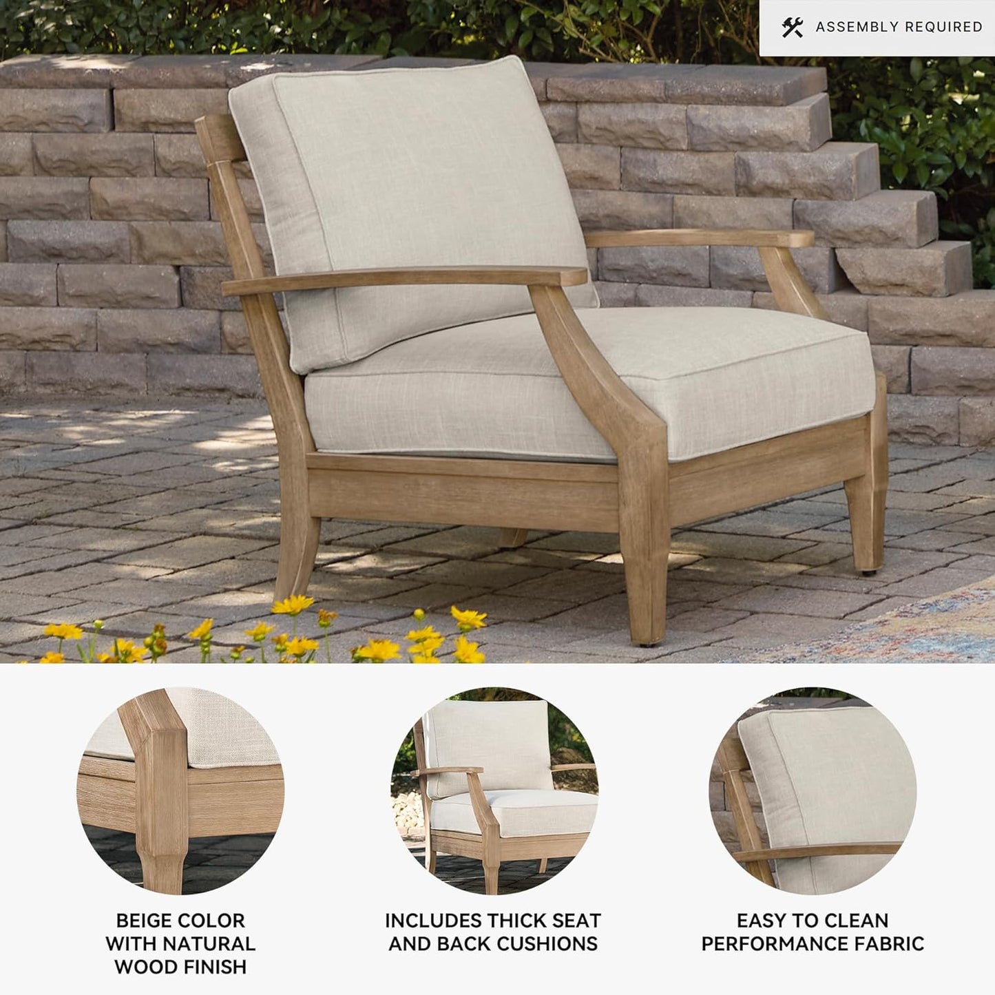 Signature Design by Ashley Carter Hall Outdoor Eucalyptus Patio Lounge Chair with Cushion, Beige