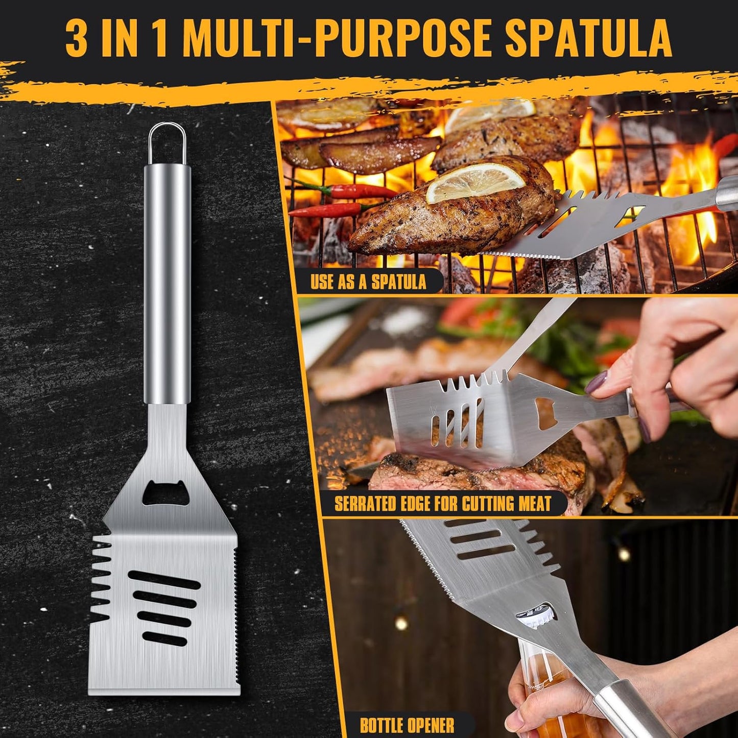 BBQ Grill Tools Set 16-inch Heavy Duty, 3 Pcs - Barbecue Utensils Kit for Camping, Kitchen, Outdoor Cooking,Suitable as a Gift for Men, Fathers, Friends