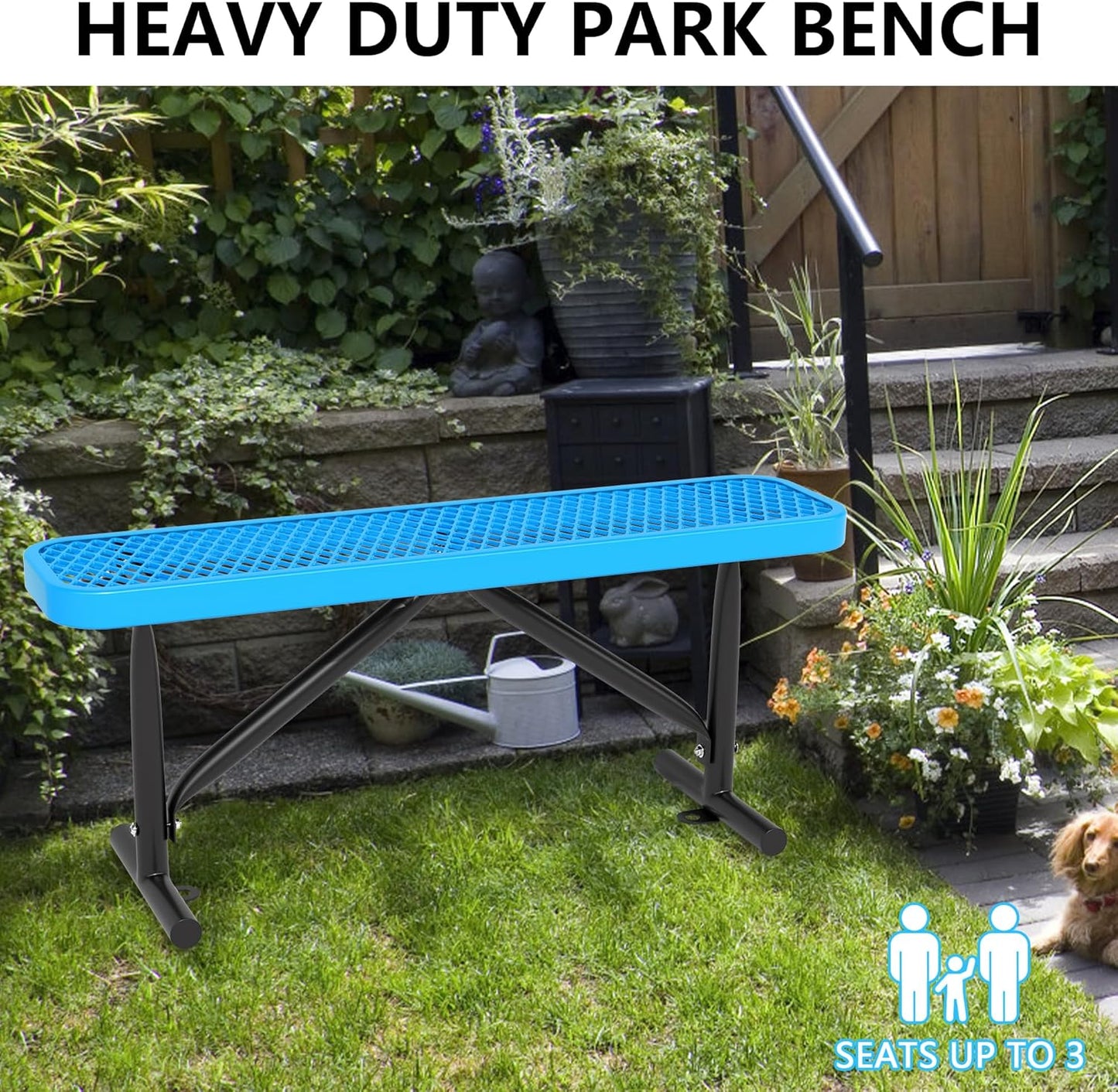 48" L Outdoor Steel Flat Bench, Heavy Duty Metal Park Bench for Outside, Expanded Metal, Commercial Benches Mesh Bench for Shopping Mall, Store, Lawn, Park, Patio, Deck, Garden (Blue, 4FT)