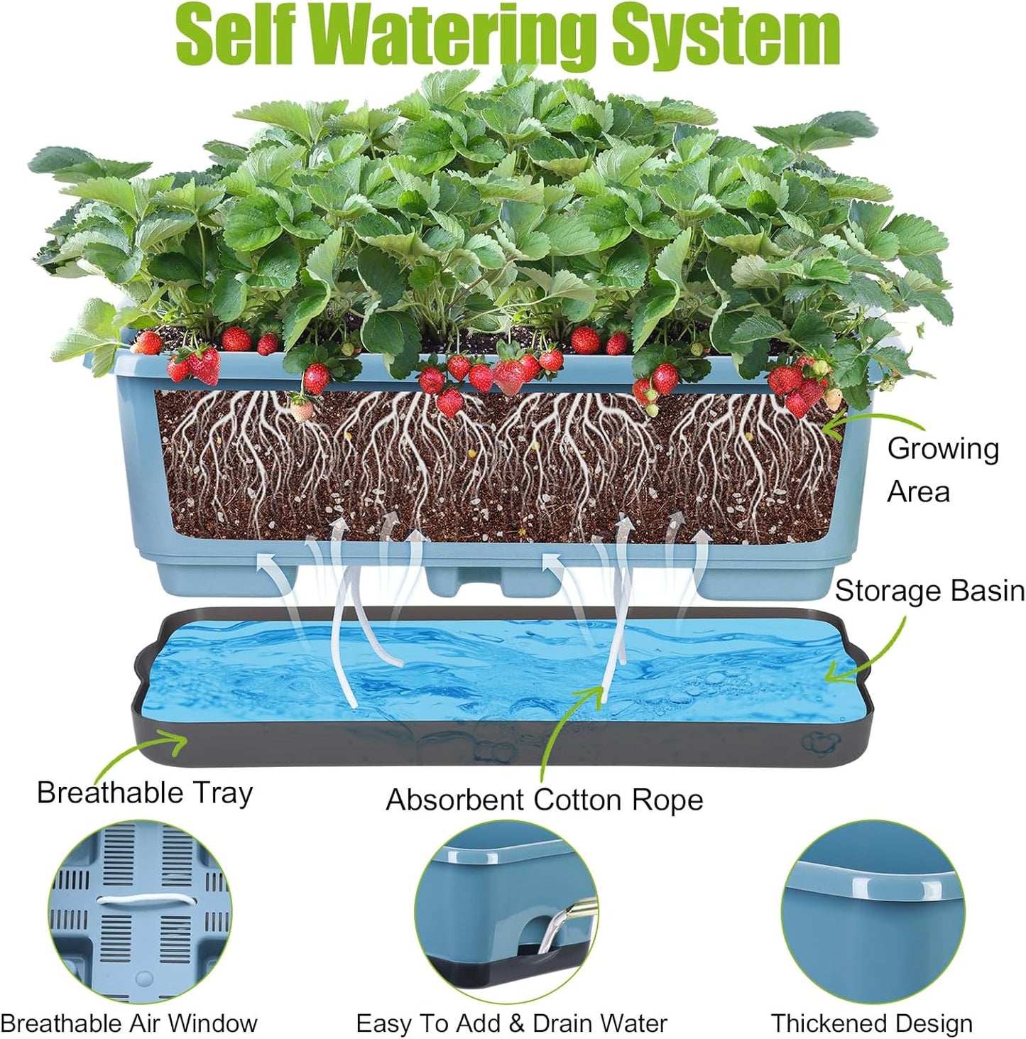 Window Box Planter 6 Pcs, 17 Inches Rectangle Flower Pots with Drainage Holes and Trays, Vegetable Planters for Windowsill Patio Garden Balcony Home Indoor Outdoor (Blue, 18 * 10 * 6 inch)