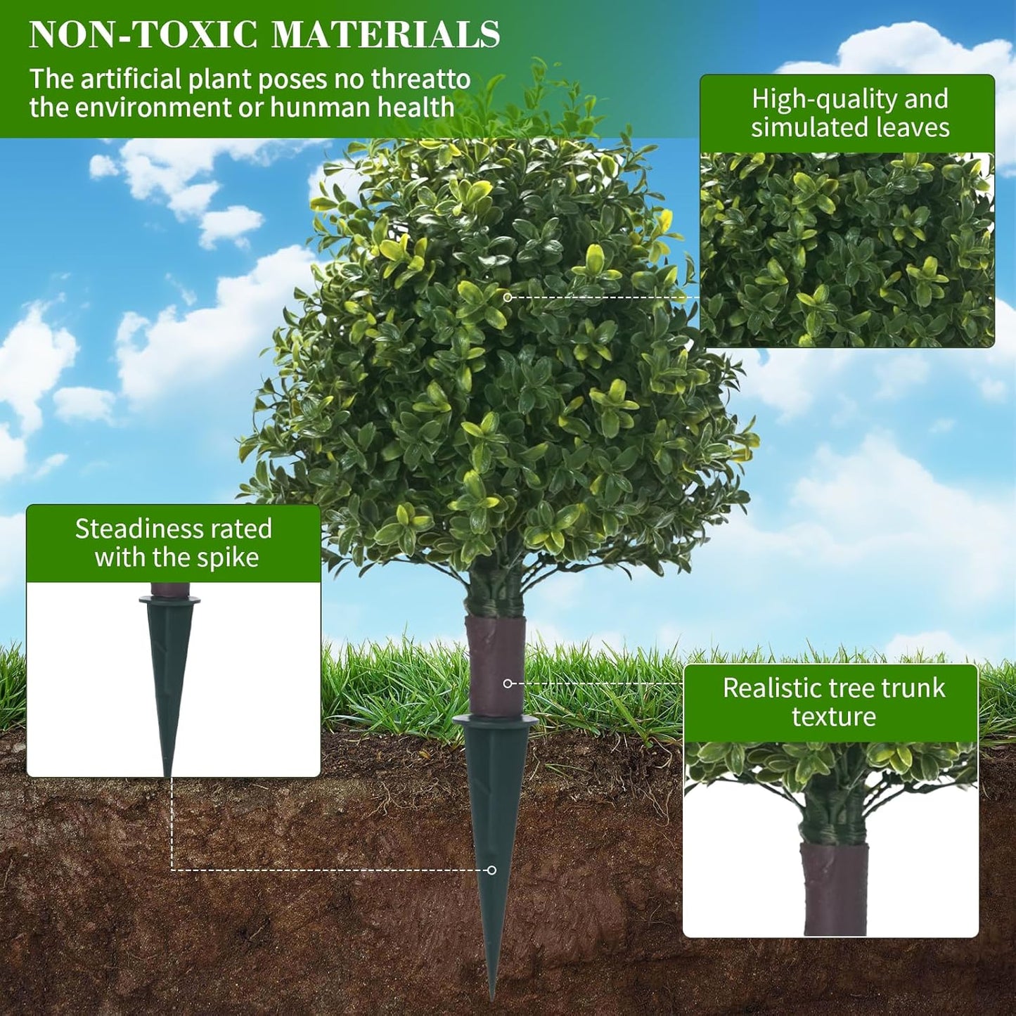 Artificial Boxwood Ball Trees with Ground Spike, 20" UV Resistant Artificial Shrubs, Fake Evergreen Artificial Plant Brush for Indoor Outdoor Front Porch Garden, 1 Pack