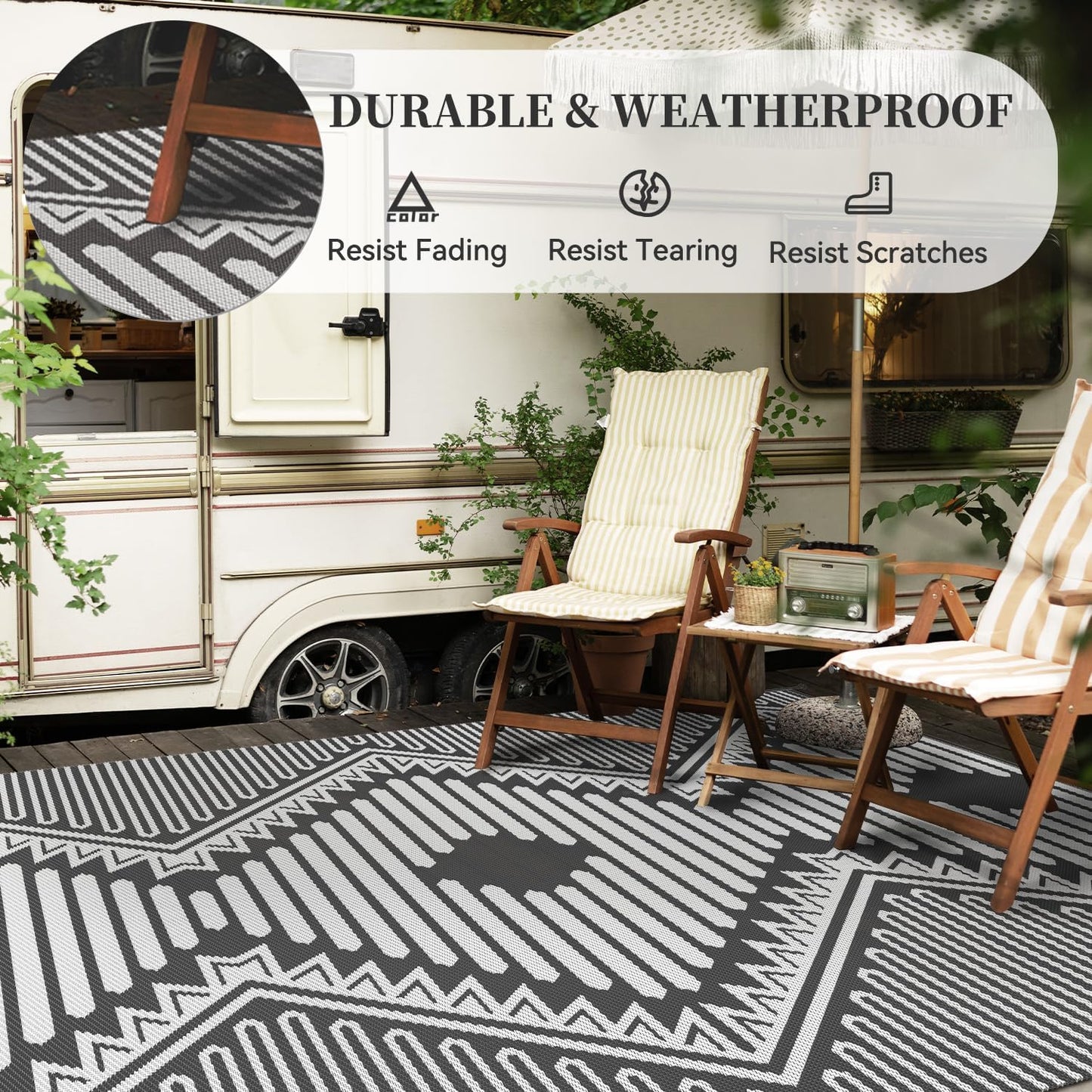 MontVoo Outdoor Rug 9x12 Waterproof Patio Rug-Outdoor Carpet Mat Reversible Plastic Straw Outside Outdoor Rug for RV Camping Picnic Beach Balcony Backyard Pool Deck Porch Modern Boho Grey