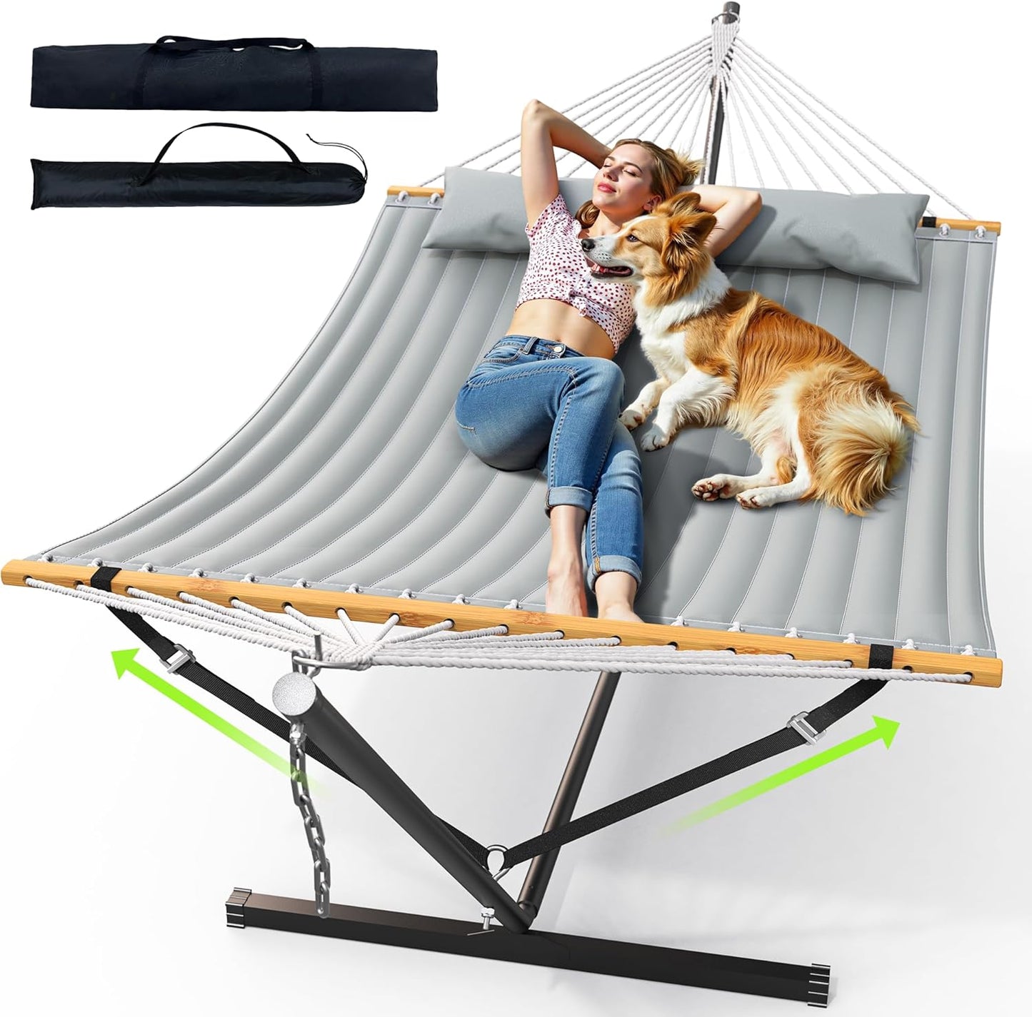 Double Hammock with Stand for Outdoor, Heavy Duty Portable Hammock with Adjustable Steel Stand for Patio, Garden, Beach, Backyard - Includes Carrying Bag,Dark Grey