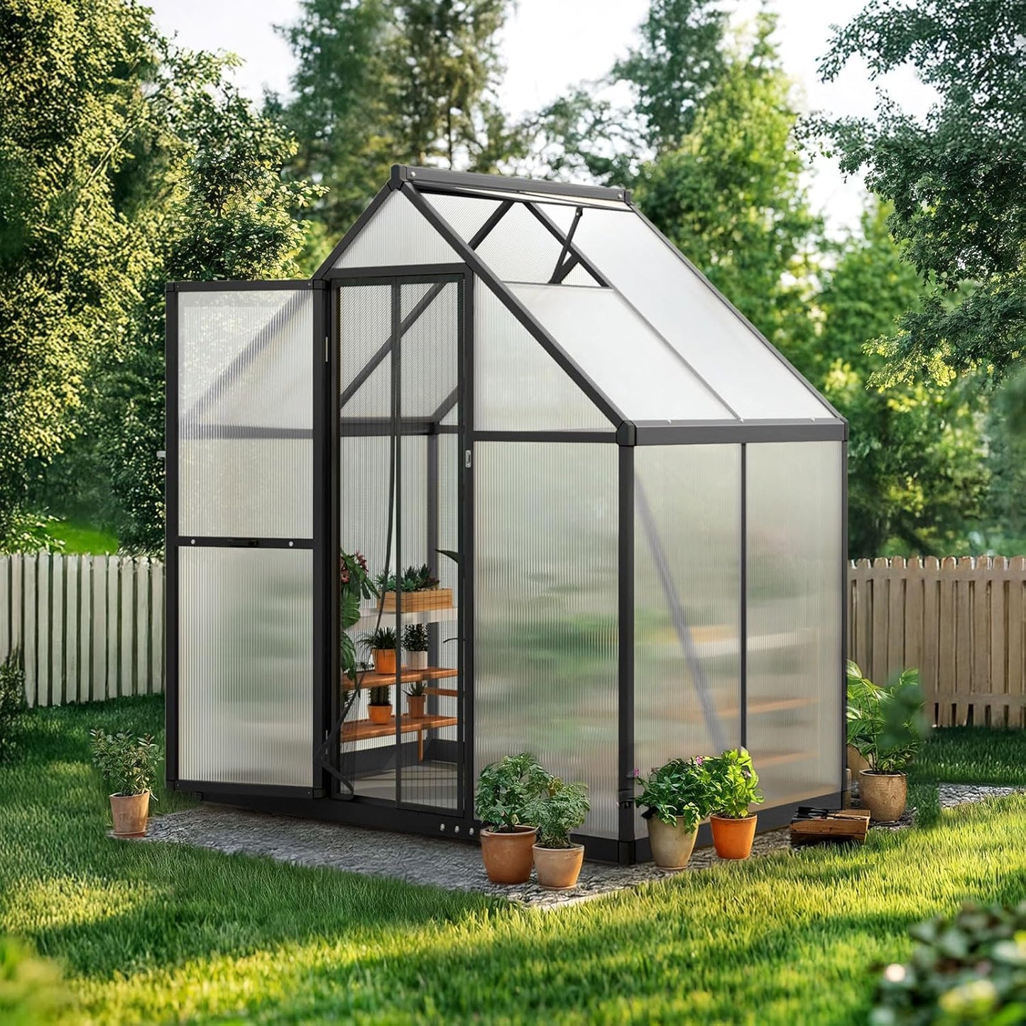 KING BIRD Greenhouse for Outdoors, 4x6 FT Polycarbonate Walk-in Green House, Quick-Setup Aluminum Frame UV Resistant Panel for Outside Garden Backyard W/ Lockable Screen Door, Vent, Black