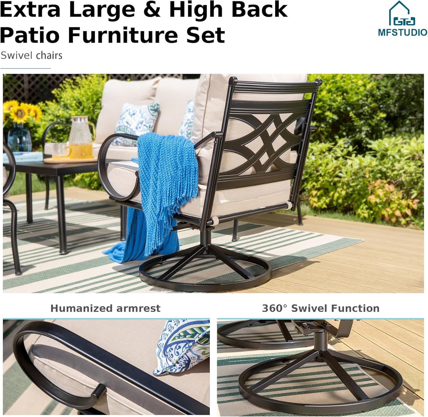 MFSTUDIO 5 Seats Large Metal Patio Conversation Sets, 4 Pieces Outdoor Sectional Furniture Sofa with 2 x Swivel Chairs, 1 x 3-seat Sofa and 1 x 45 inches Rectangular Propane Fire Pit Table