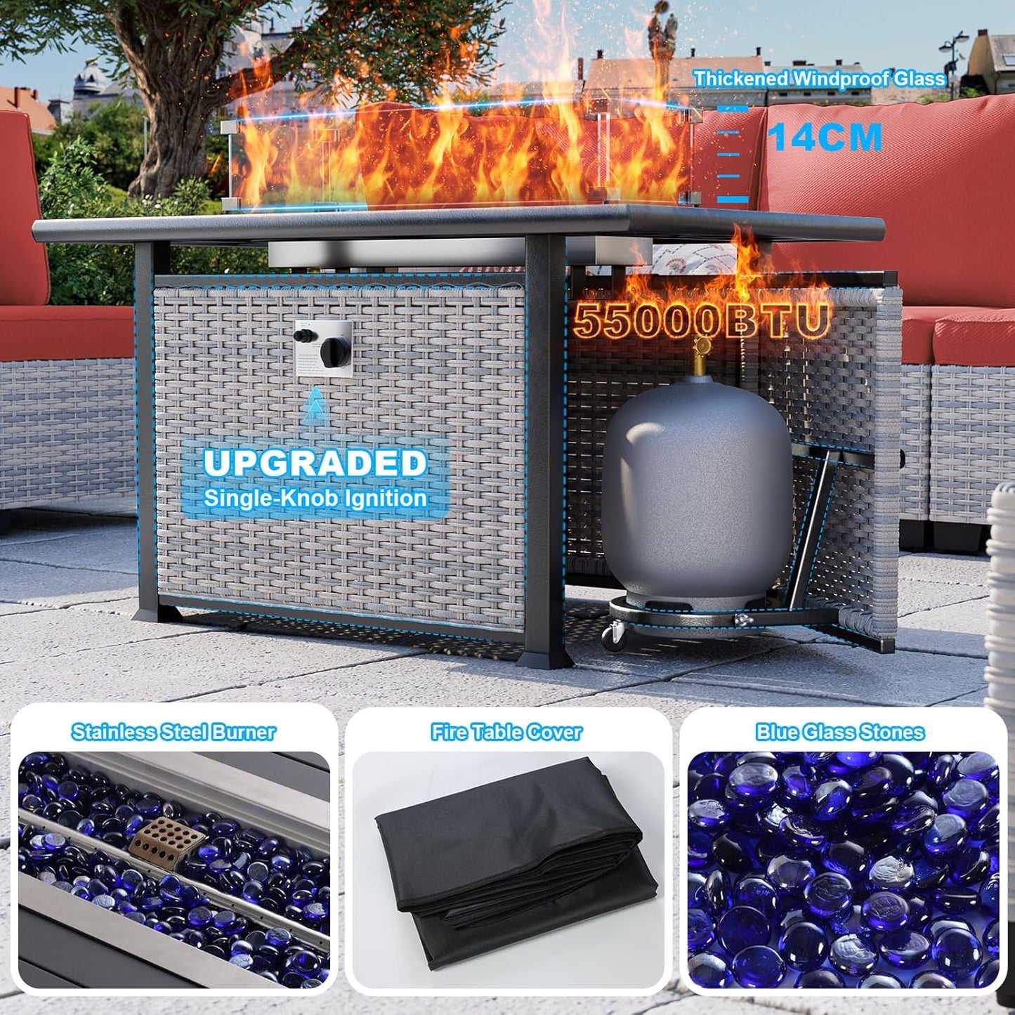 8-Piece Patio Furniture Set, Outdoor Patio Furniture with 55,000 BTU Fire Pit Table, Thick Cushions, Modular Patio Sofa, Dual-Strand Wicker Rattan, Rust-Resistant Frame, Red