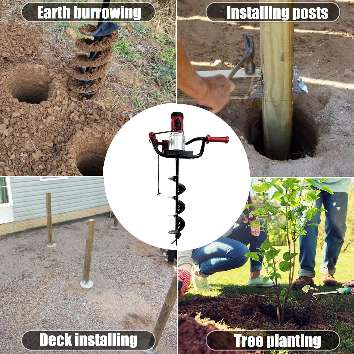 JACKCHEN 1500W Electric Post-Hole Digger with 6-Inch Auger Bit, Earth Auger Drill, Auger Bit Earth Auger, Ideal for Post Hole Digging, Drilling, Tree Planting, Red