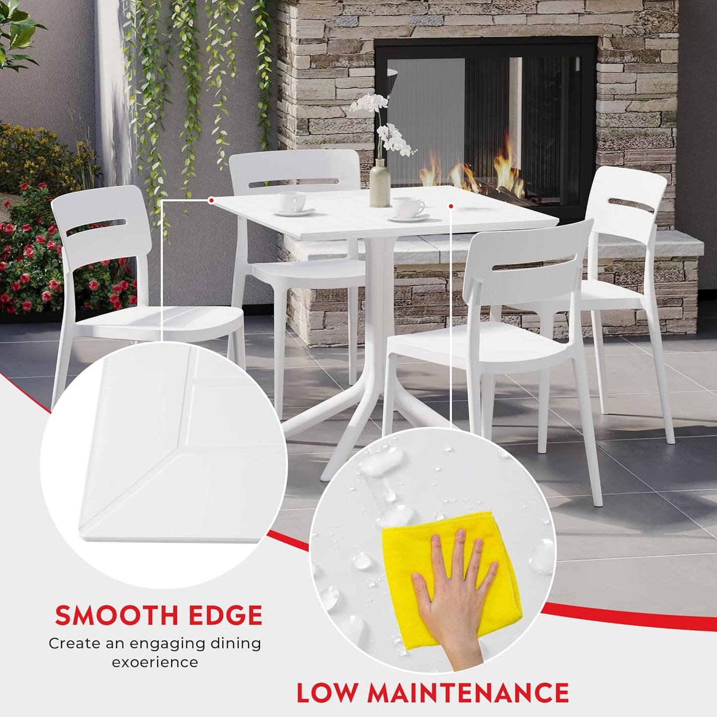 5 Piece Patio Furniture Set, HDPE Patio Square Bistro Table and Stackable Chairs Sets for 4, Outdoor Furniture All Weather for Backyard Poolside, White