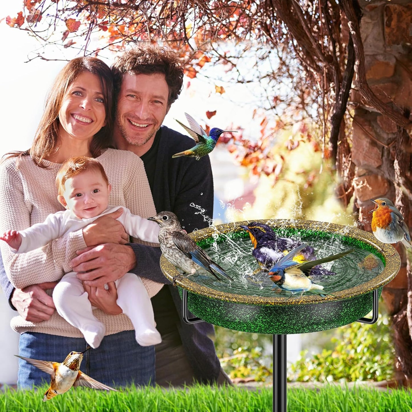 38In Metal Bird Bath for Outside, Vintage Freestanding Birdbaths & Birdfeeder, Detachable Decoration Spa Bird Feeder for Outdoors Garden Patio Yard Lawn, 4 Spiky Feet(Green)