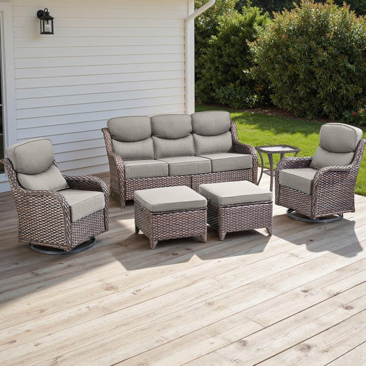 Wicker Outdoor Patio Furniture Set - 6 Piece Patio Conversation Sets with Swivel Rocker Chairs, Ottomans, Sofa and Side Table, 6 inch Cushions, Waterproof Wicker, for Porch Deck Brown/Beige