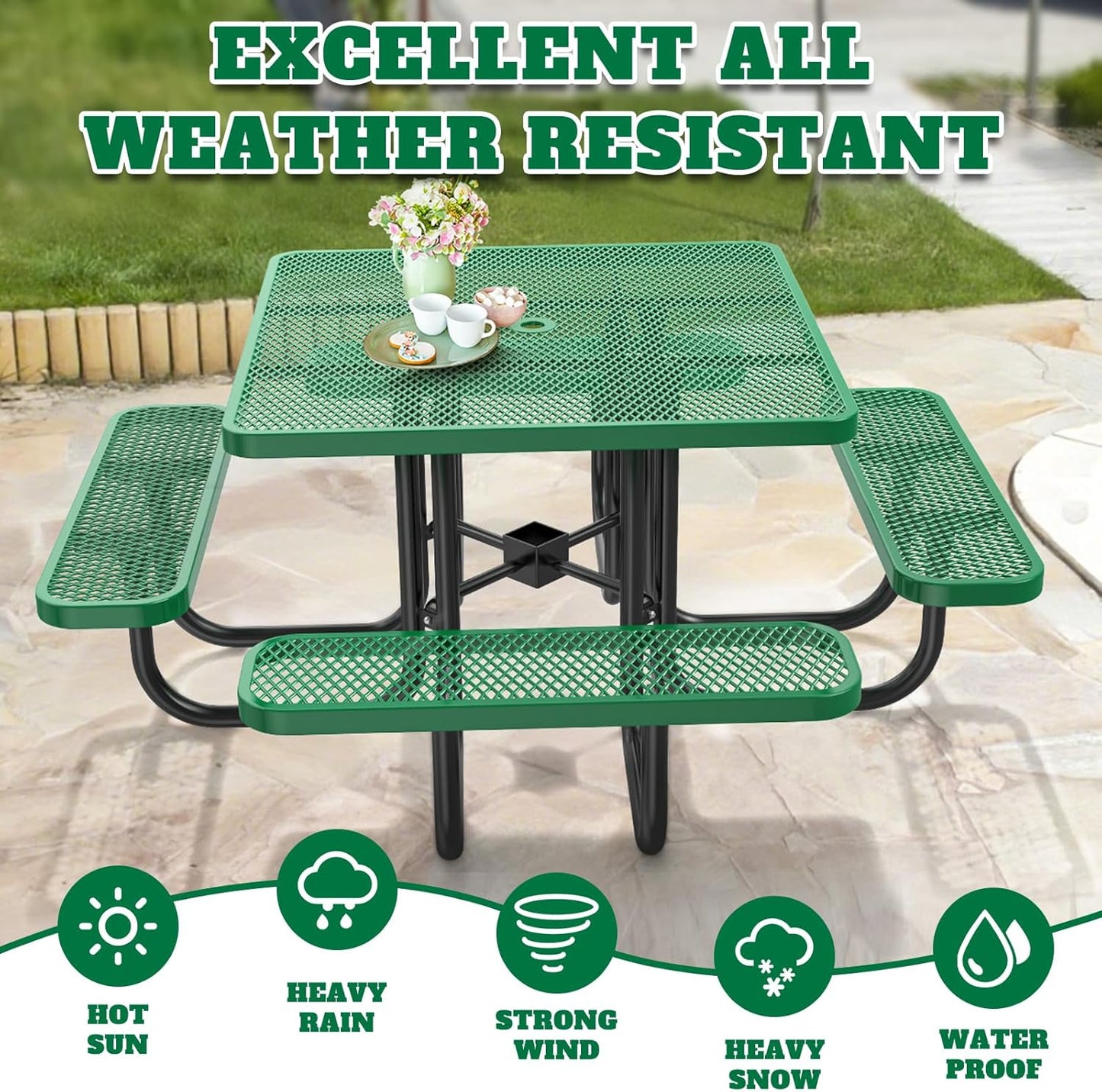 Heavy-Duty Park Bench or Table for Outside - Black Coated Outdoor Furniture Steel Bench, Commercial-Grade Outdoor Benches Weatherproof for Park, Patio, Porch (Green, 46” (Sq. Table))