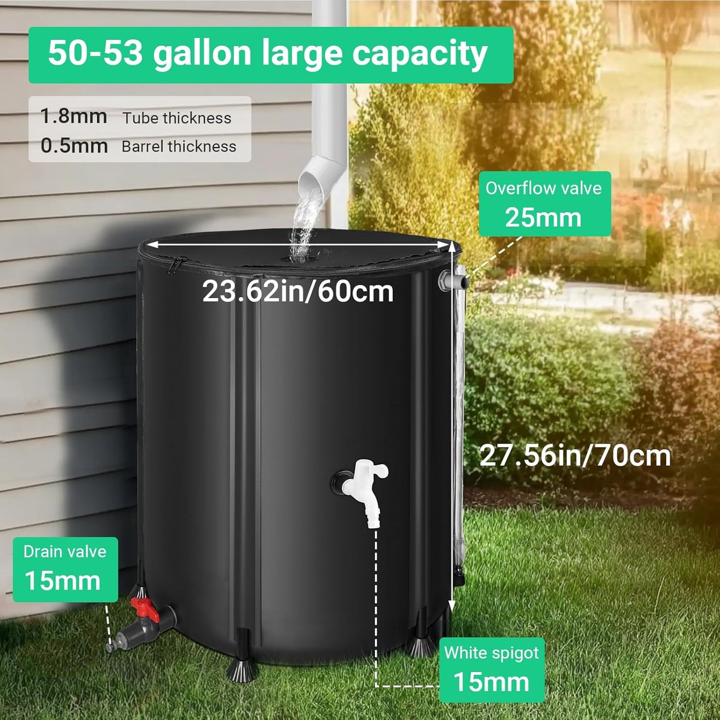 50 Gallon / 200L Rain Barrel, Collapsible Rain Barrels to Collect Rainwater from Gutter with Spigots and Overflow, 500D PVC Portable Rain Water Collection Catching System, Water Catcher Tank