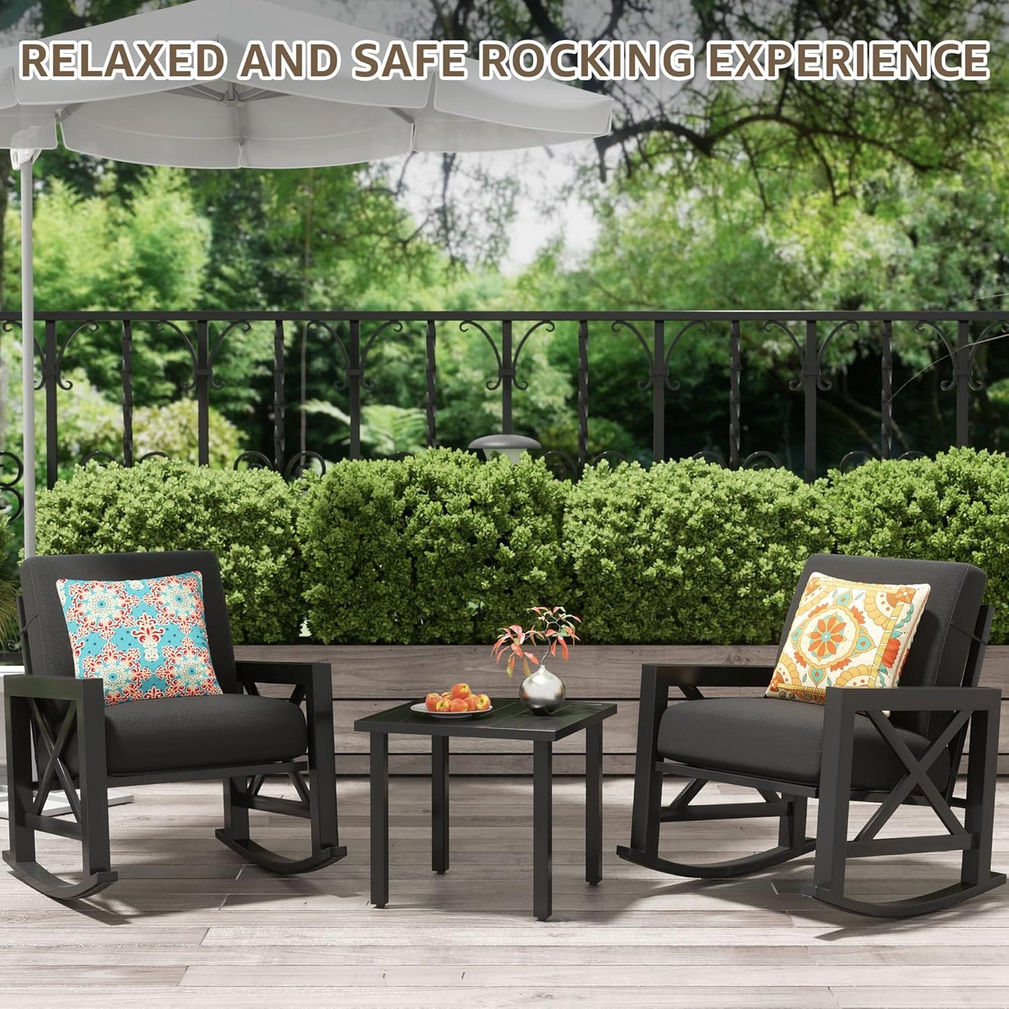 NATURAL EXPRESSIONS Patio Rocking Bistro Set, 3 Piece Outdoor Conversation Furniture Set with 2 Rockers and 1 Metal Coffee Table with Thick Cushions,2 Pack Patio Chair Covers Included