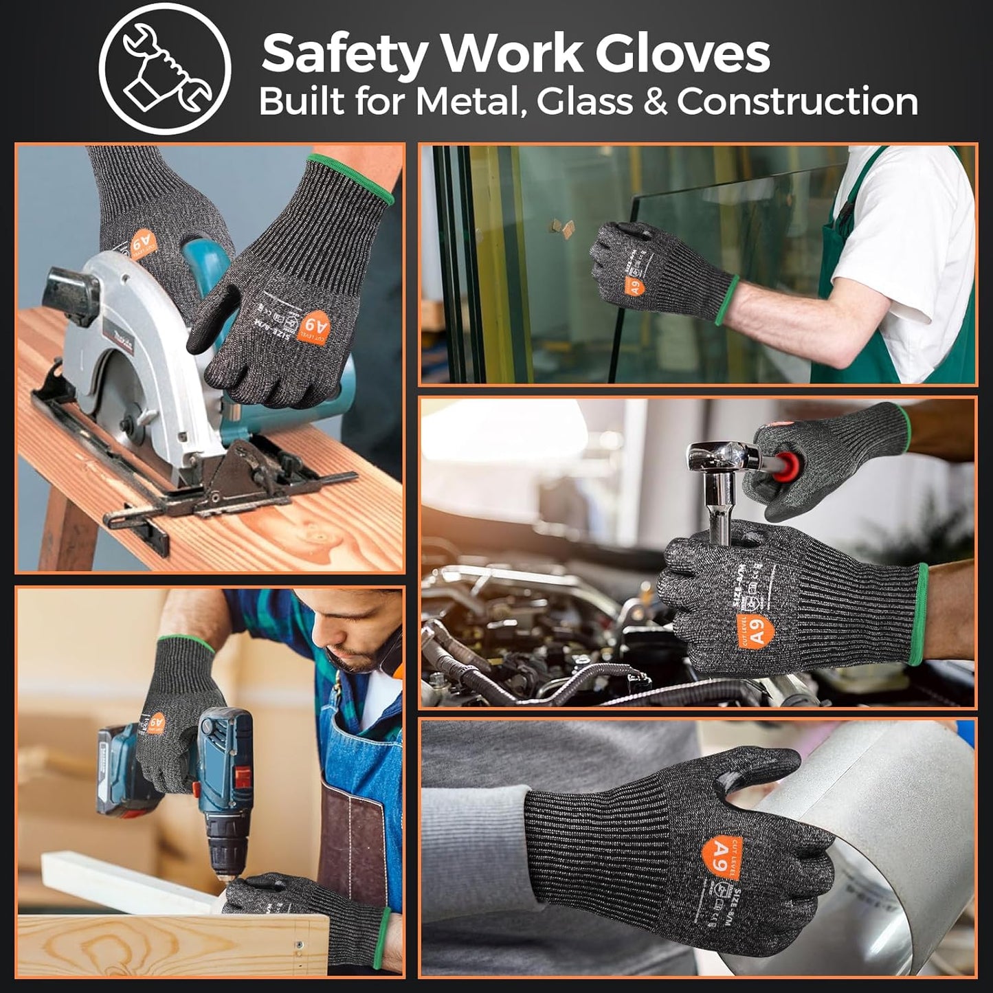 Donfri 3 Pairs A9 Cut Resistant Work Gloves for Men - Steel + HPPE Hybrid Safety Gloves for Men, ANSI Cut Level 9 Protection Flexible for Metal Glass Wood Construction Fishing