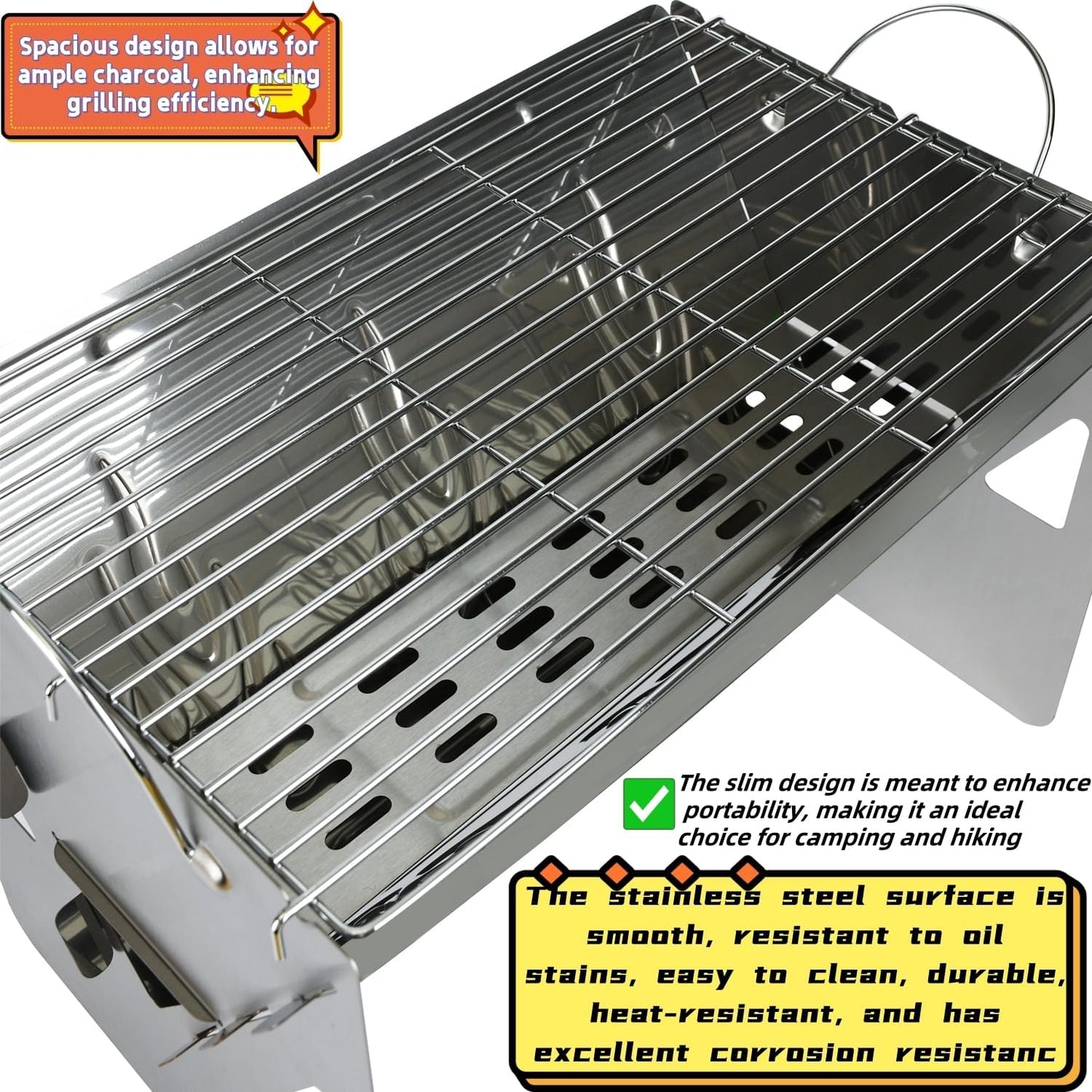 Travel-Ready BBQ Grill with Carry Bag,16.92-inch,Portable Compact Foldable Camping Grill,Easily disassembles for storage in a carrying bag,Stainless Steel Charcoal Grill, Outdoor barbecue fire pit