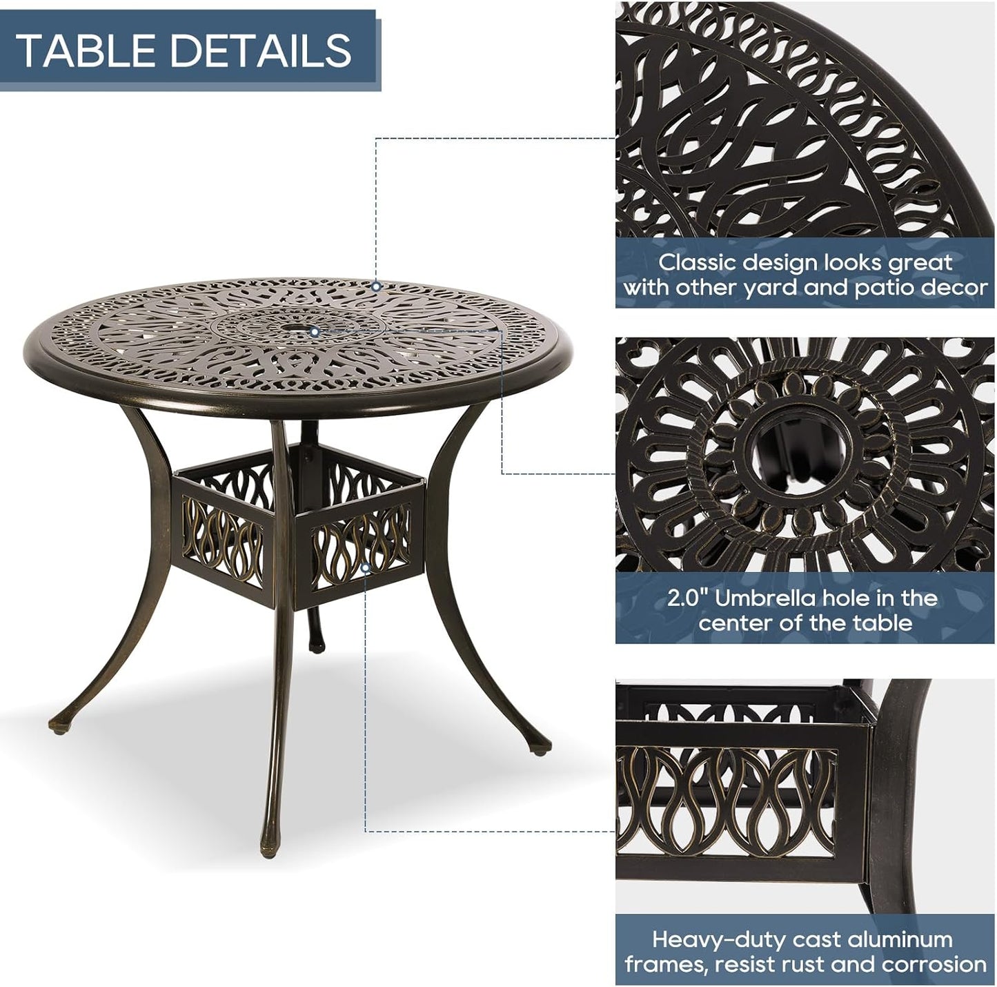 Cast Aluminum Outdoor Patio Dining Set, All Weather Outdoor Furniture Dining Set for Patio, Balcony, Lawn, Garden, Backyard (1 Round Table+4 Dining Chairs)