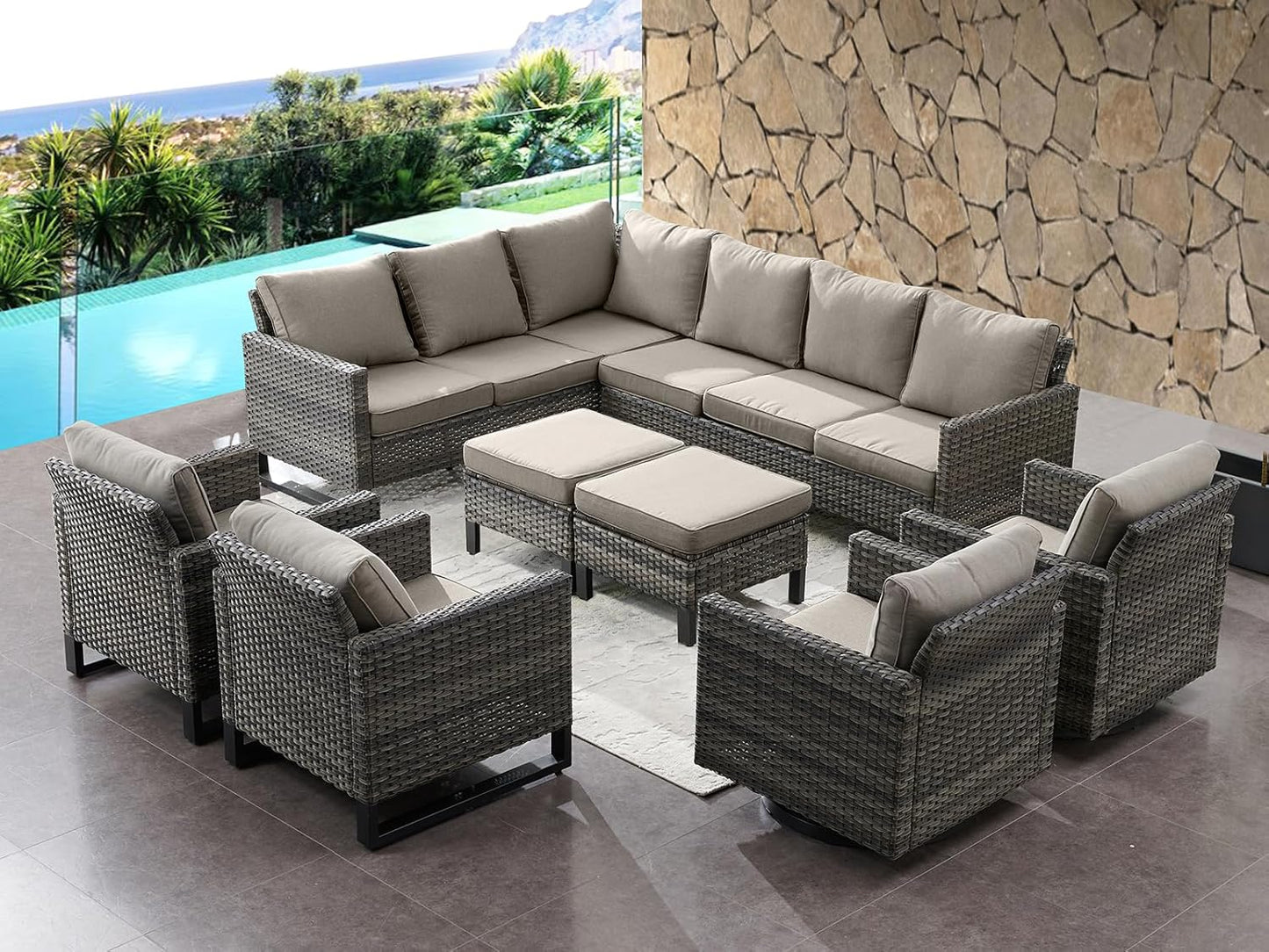HUMMUH 8 Piece Patio Furniture All Weather 6-Seater Outdoor Sectional Sofa with Patio Swivel Chairs and Outdoor Chairs Ottomans for Porch,Garden,Backyard,Deck