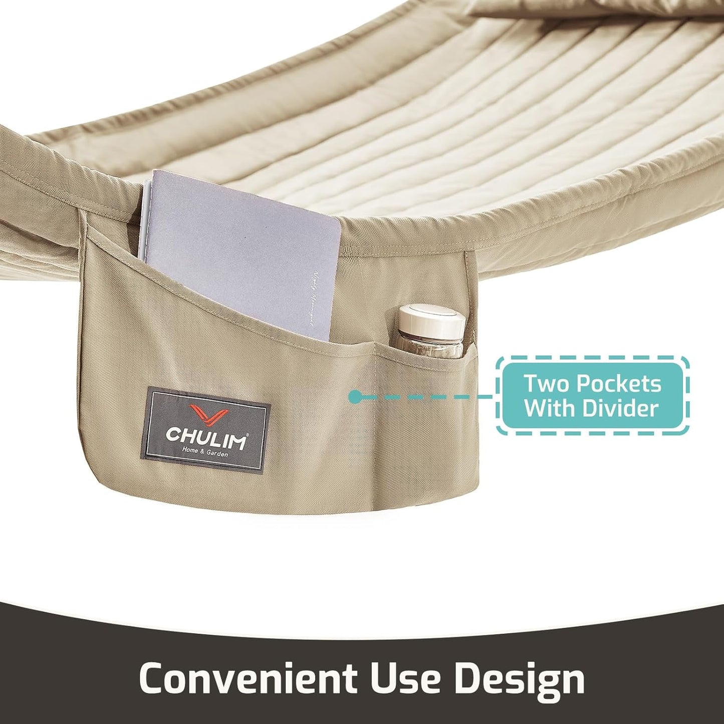 Double Quilted Fabric Hammock with Hardwood Spreader Bars and Pillow 450 LBS Capacity 2 Person Large Hammock for Outdoor Patio Backyard Poolside - Tan