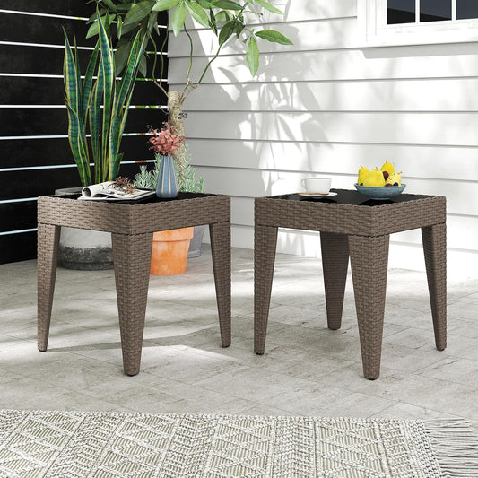 Outdoor Small Patio Table - PE Rattan Coffee Table, Wicker Side Table for Patio, Balcony & Porch, Durable & Iron Frame (2, Rattan Sesame)