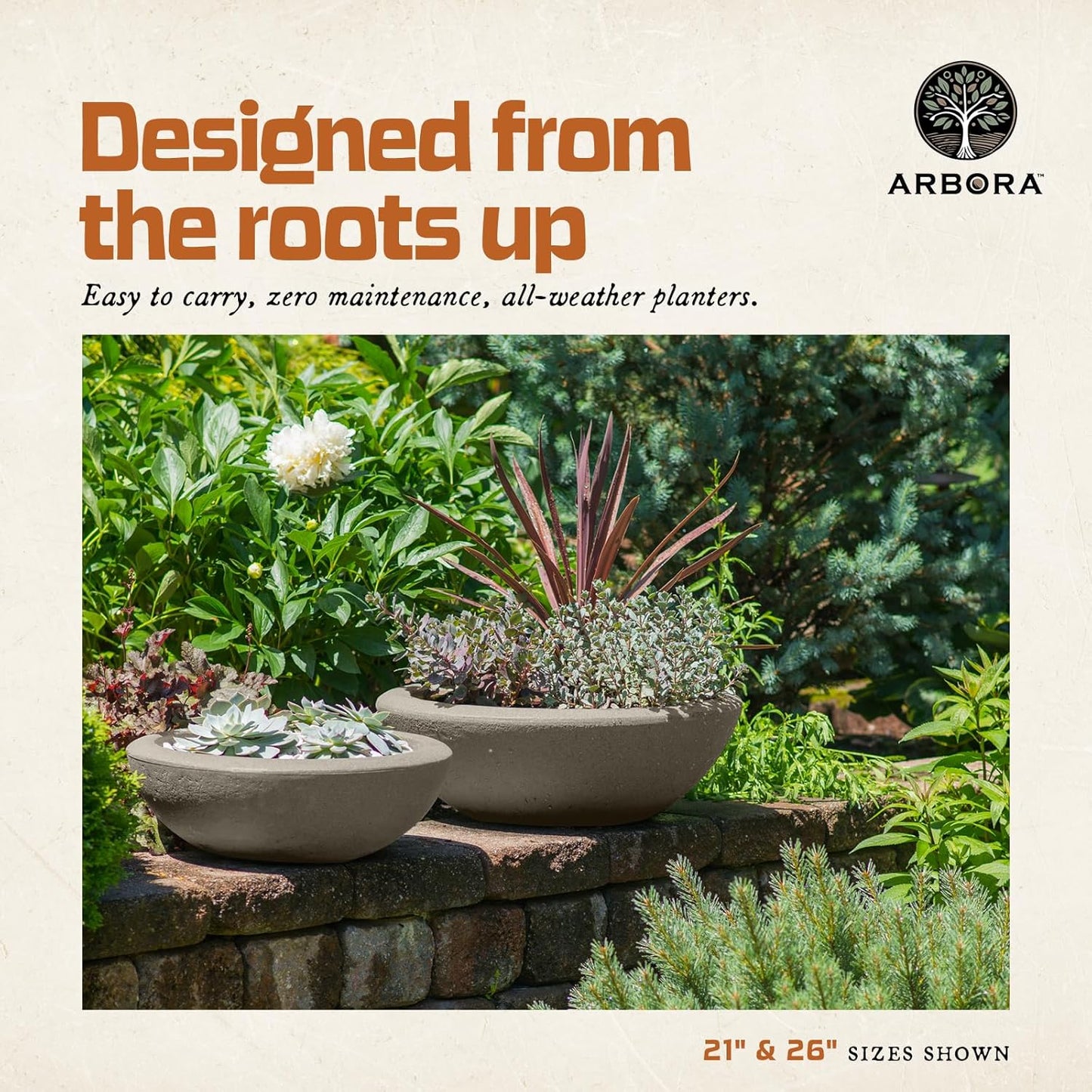 ARBORA 26" Santorini Bowl 2-Pack with Classic Cream Finish - Polyresin Indoor and Outdoor Planter2, Durable, Weatherproof, Lightweight, Large Plant Pots for Patio, Garden, Deck, Entryway