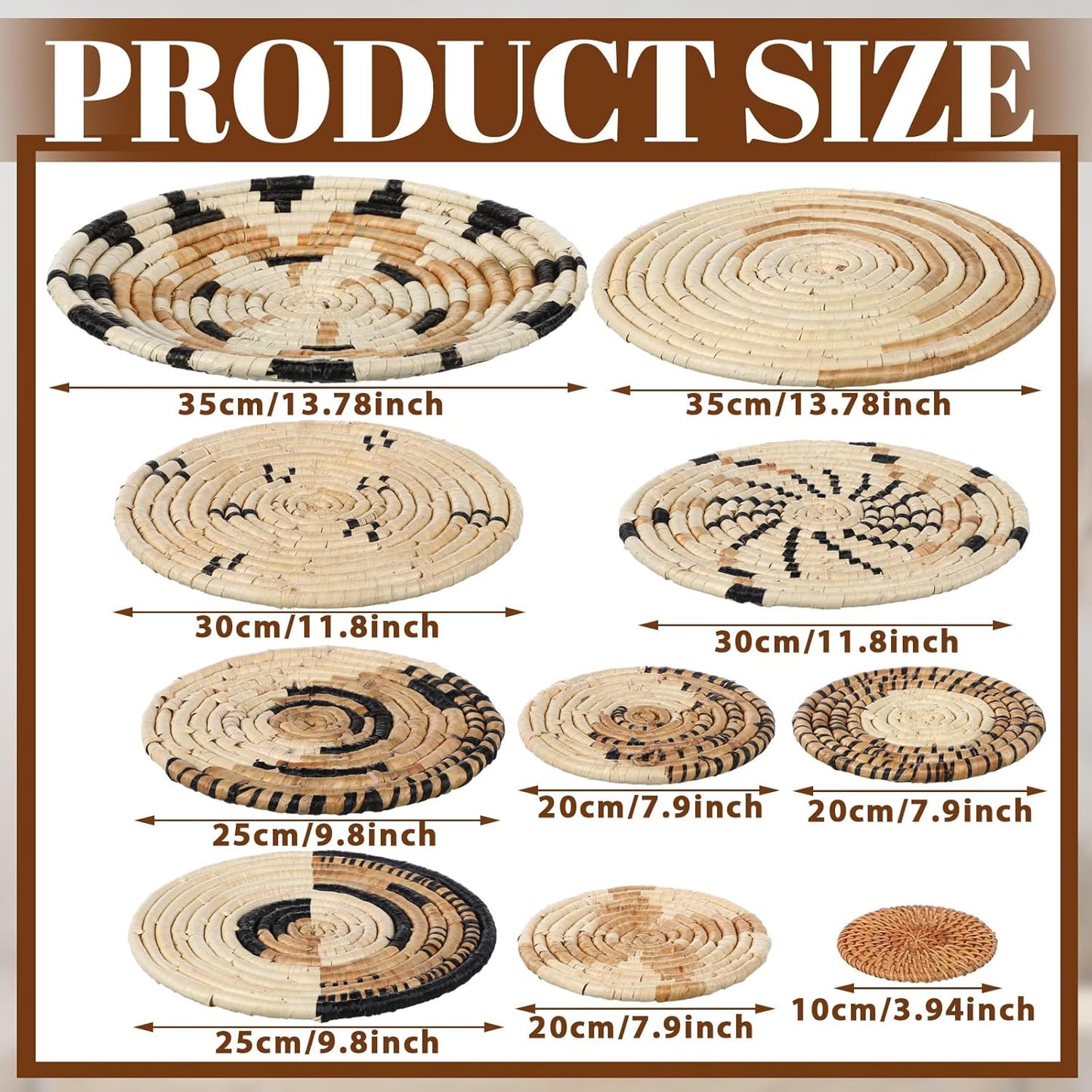 Tatuo 11 Pcs Boho Wall Basket Decor Decorative Bulrush Woven Basket Wall Decor Art Round Farmhouse Hanging Baskets for Kitchen Rustic Home Summer Decorations, Multi Sizes(Artistic)