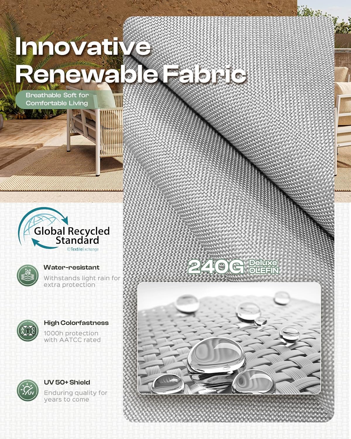 Aluminum Outdoor Sofa Armchair, HDPE Rope Patio Couch with Washable Thick Cushion, All-Weather Outdoor Patio Chairs Set of 2 for Balcony, Yard, Silver Frame, Silver