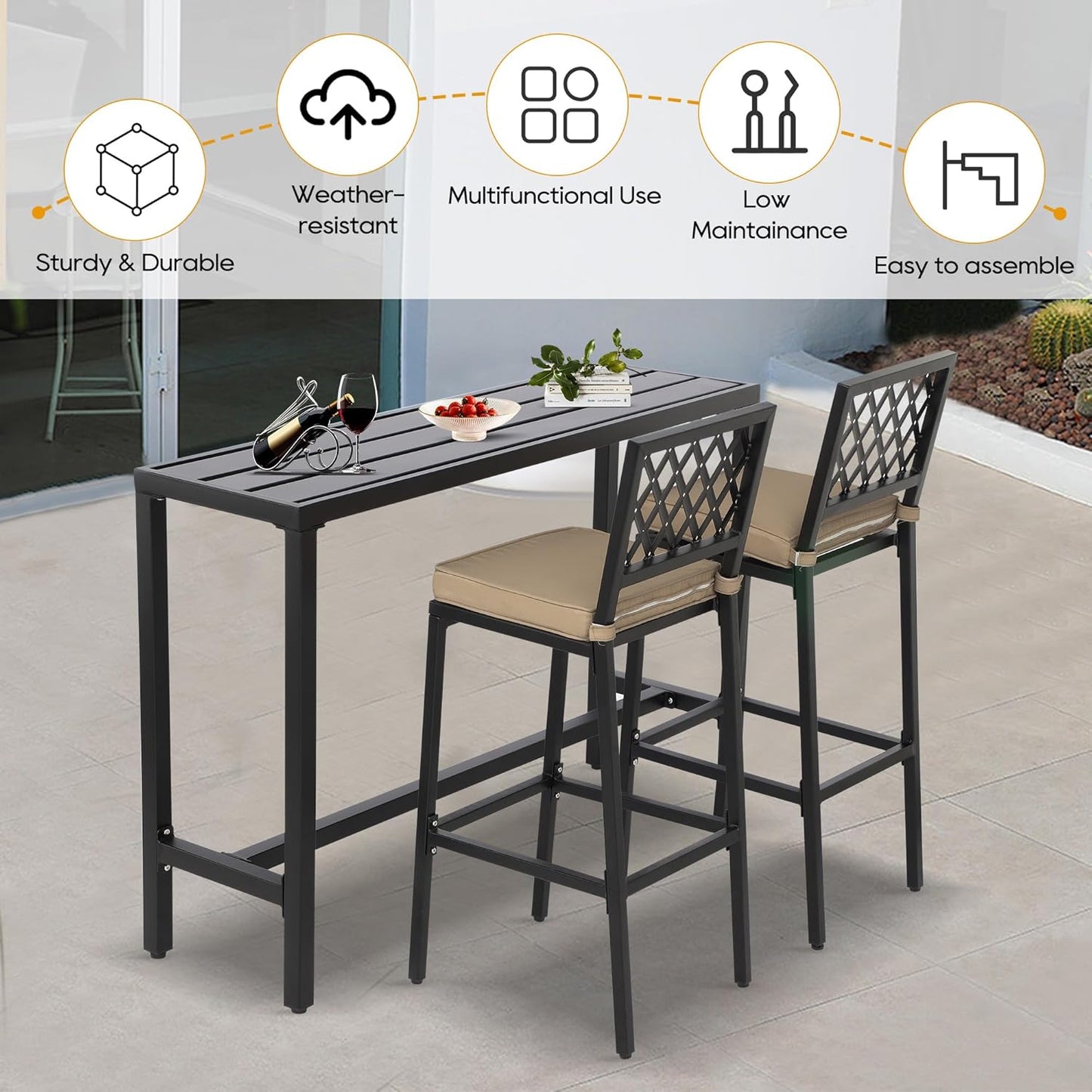 Outdoor Patio Bar Set, Bar Height Patio Dining Set, Weather-Resistant Bistro Counter Pub Set with Cushions & Slatted Tabletop for Backyard