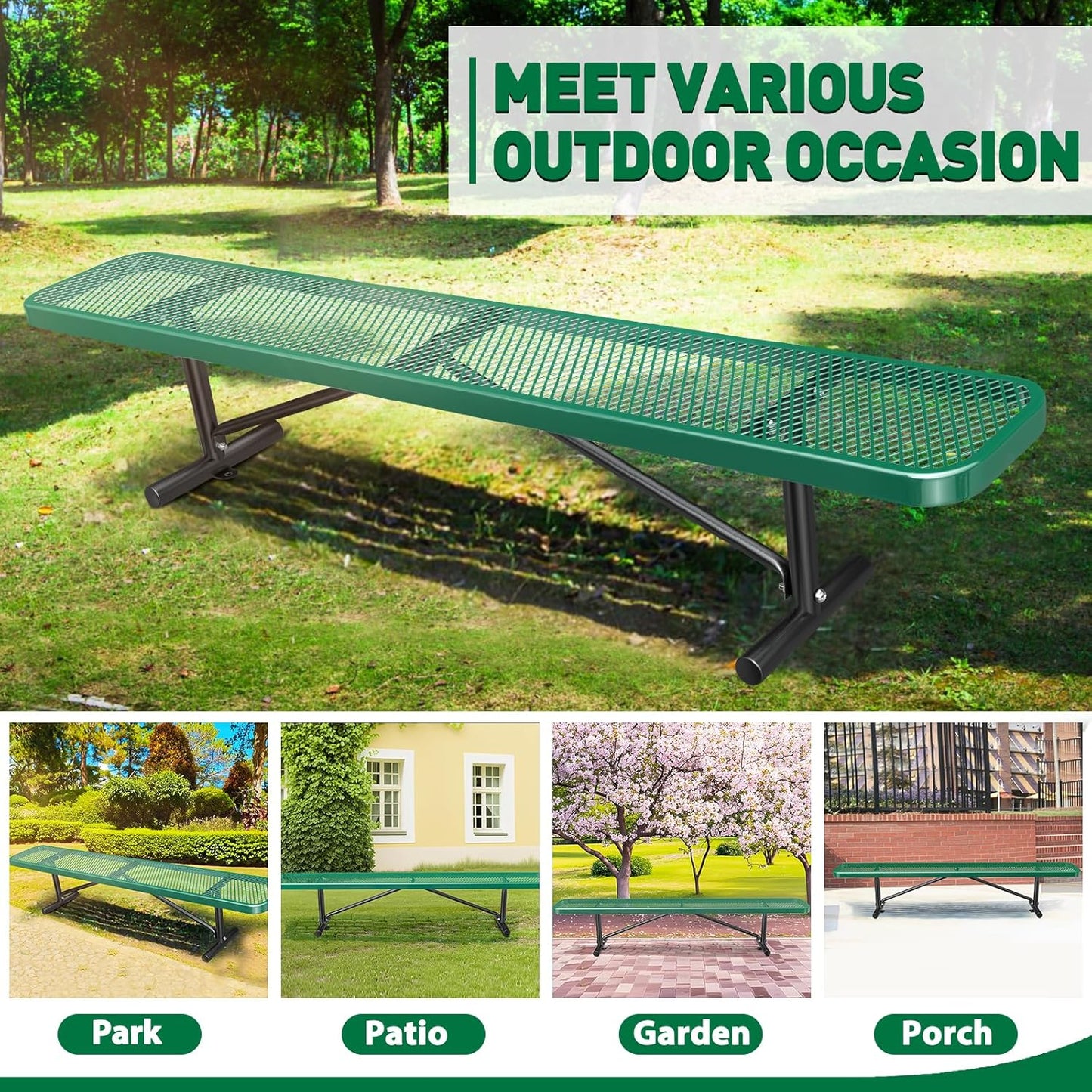 Heavy-Duty Park Bench or Table for Outside - Black Coated Outdoor Furniture Steel Bench, Commercial-Grade Outdoor Benches Weatherproof for Park, Patio, Porch (Green, 8FT (Without Backrest))